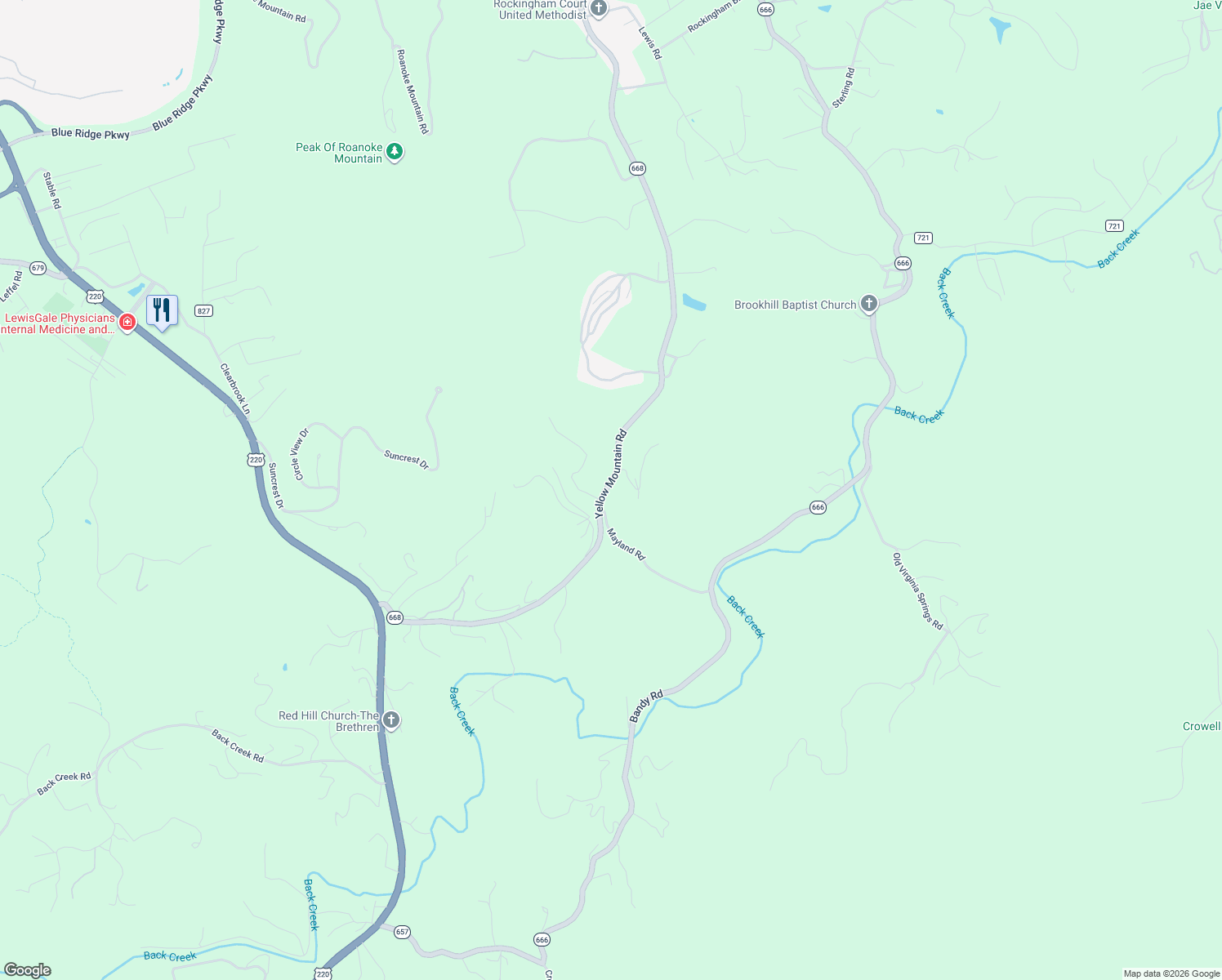 map of restaurants, bars, coffee shops, grocery stores, and more near 7900 Mayland Road in Roanoke