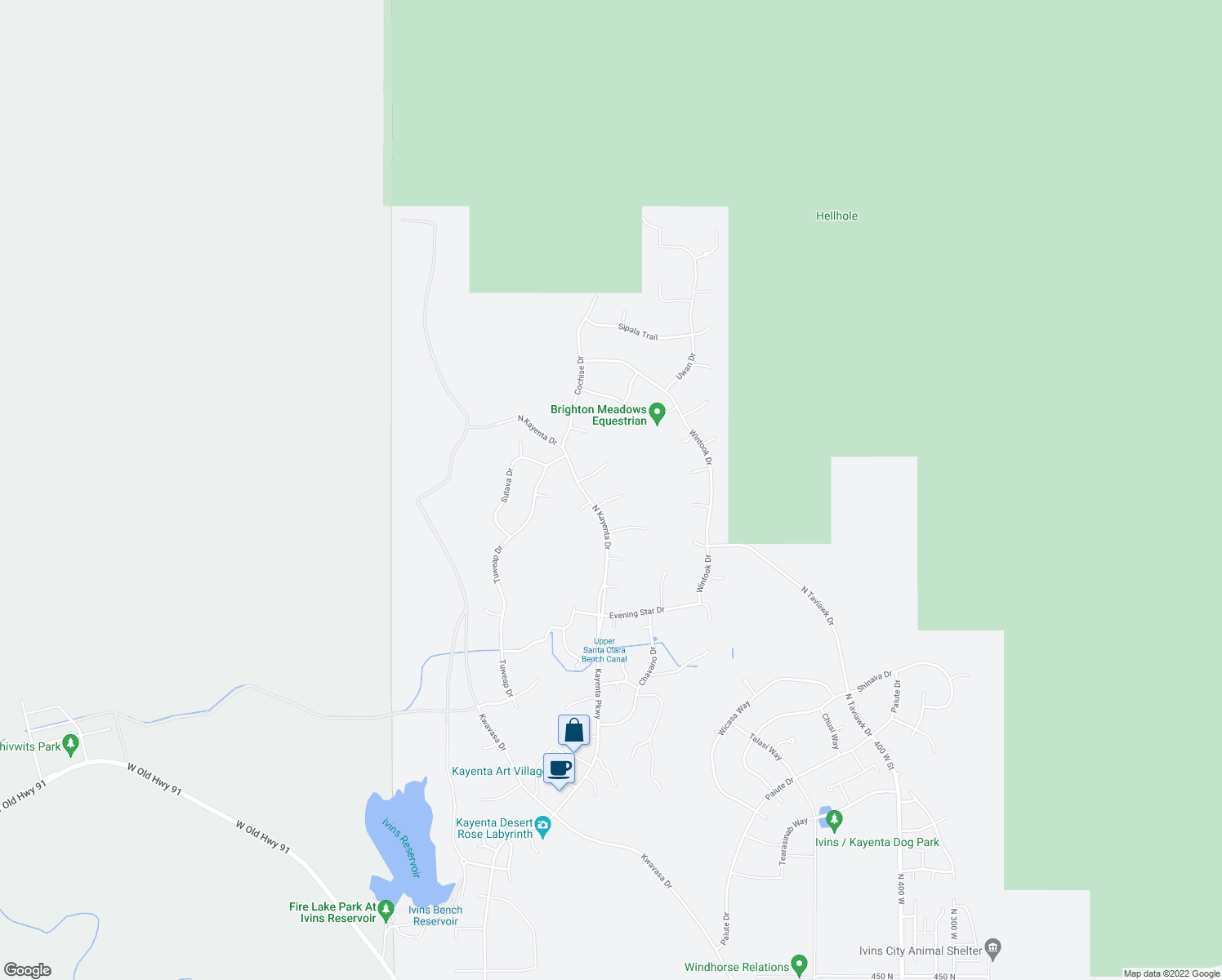 map of restaurants, bars, coffee shops, grocery stores, and more near 1070 Kokopelli Way in Ivins