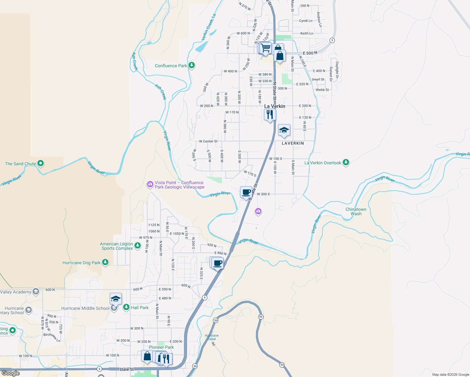 map of restaurants, bars, coffee shops, grocery stores, and more near 299 W 300 S in La Verkin