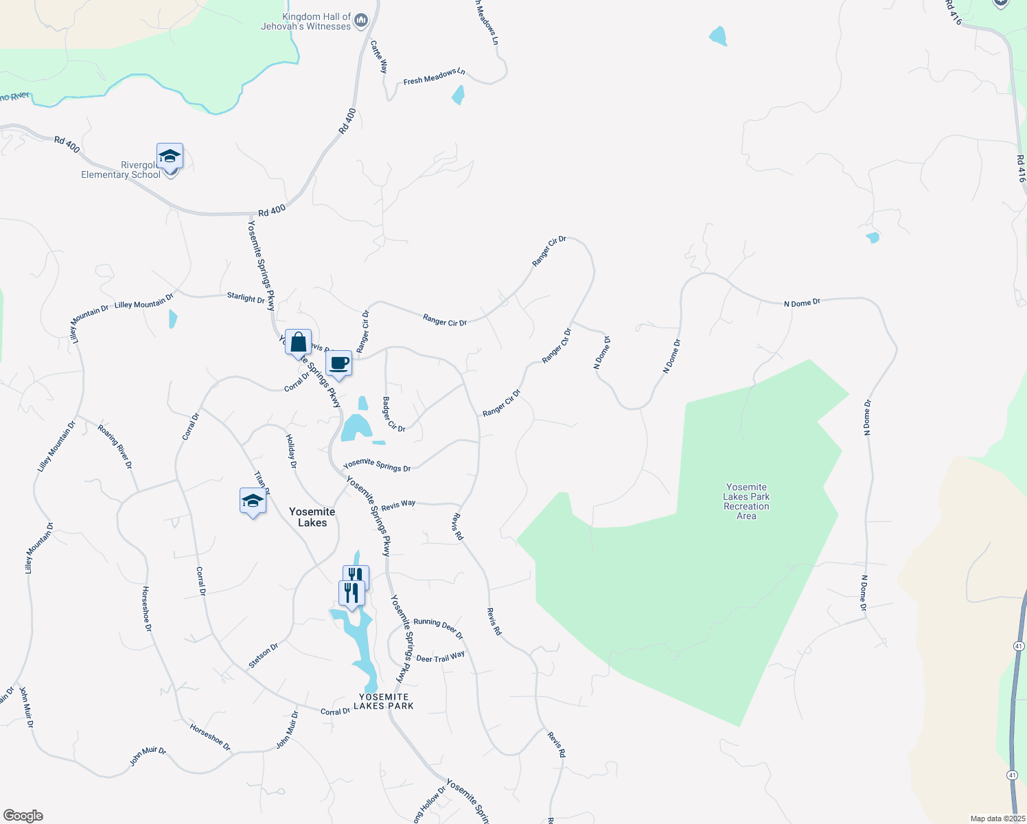 map of restaurants, bars, coffee shops, grocery stores, and more near 43629 Ranger Circle Drive in Coarsegold