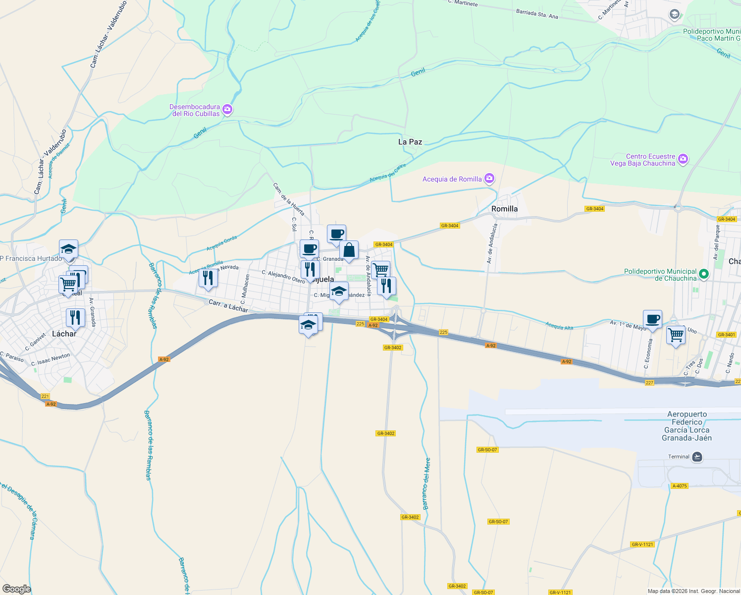 map of restaurants, bars, coffee shops, grocery stores, and more near 27 Avenida de Andalucía in Cijuela