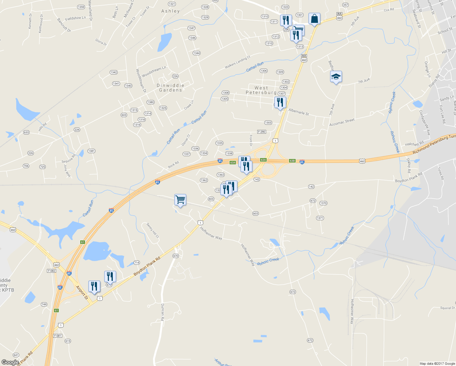 map of restaurants, bars, coffee shops, grocery stores, and more near 25312 Ritchie Avenue in Petersburg
