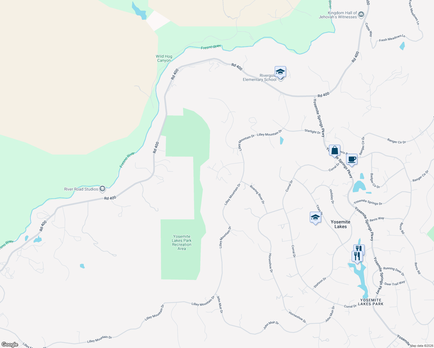 map of restaurants, bars, coffee shops, grocery stores, and more near 41443 Roaring River Court in Coarsegold