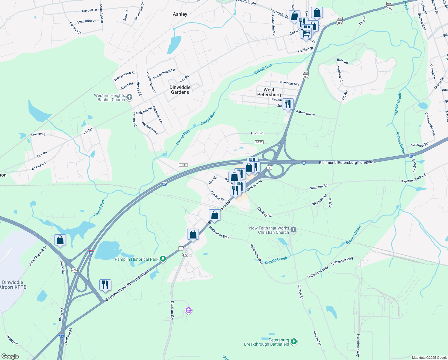 map of restaurants, bars, coffee shops, grocery stores, and more near 25213 Ritchie Avenue in Petersburg