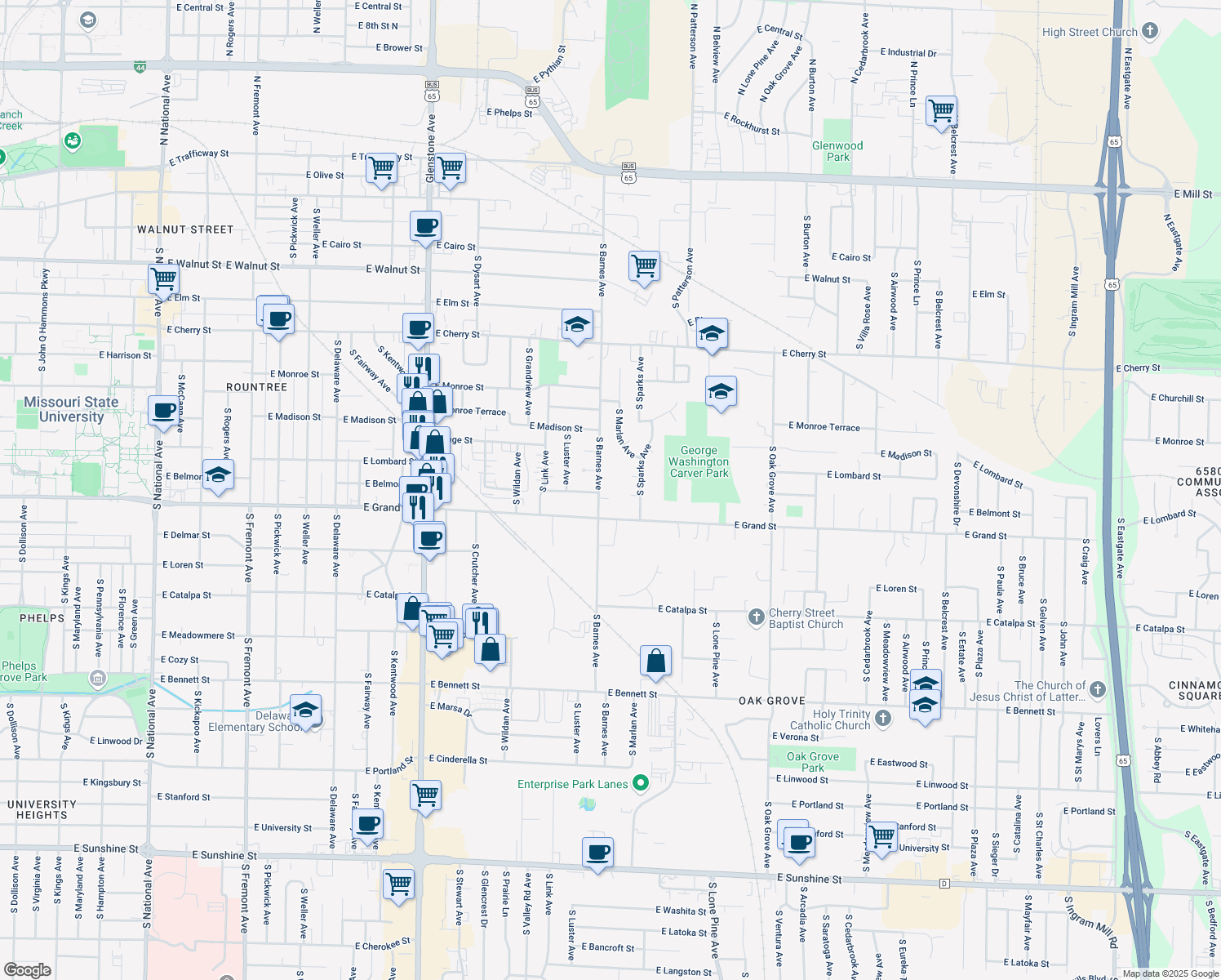 map of restaurants, bars, coffee shops, grocery stores, and more near 928 South Barnes Avenue in Springfield
