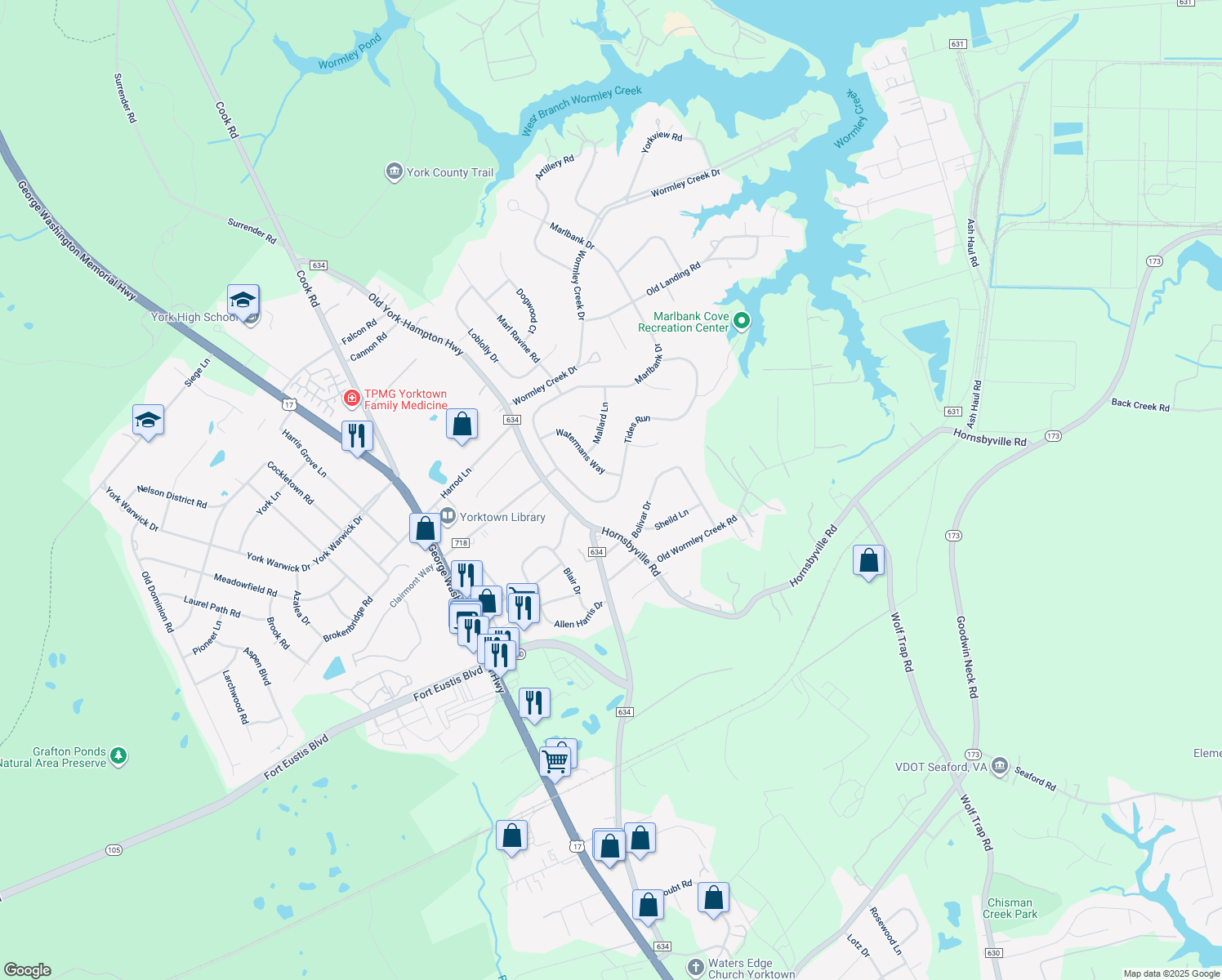 map of restaurants, bars, coffee shops, grocery stores, and more near 121 Tides Run in Yorktown
