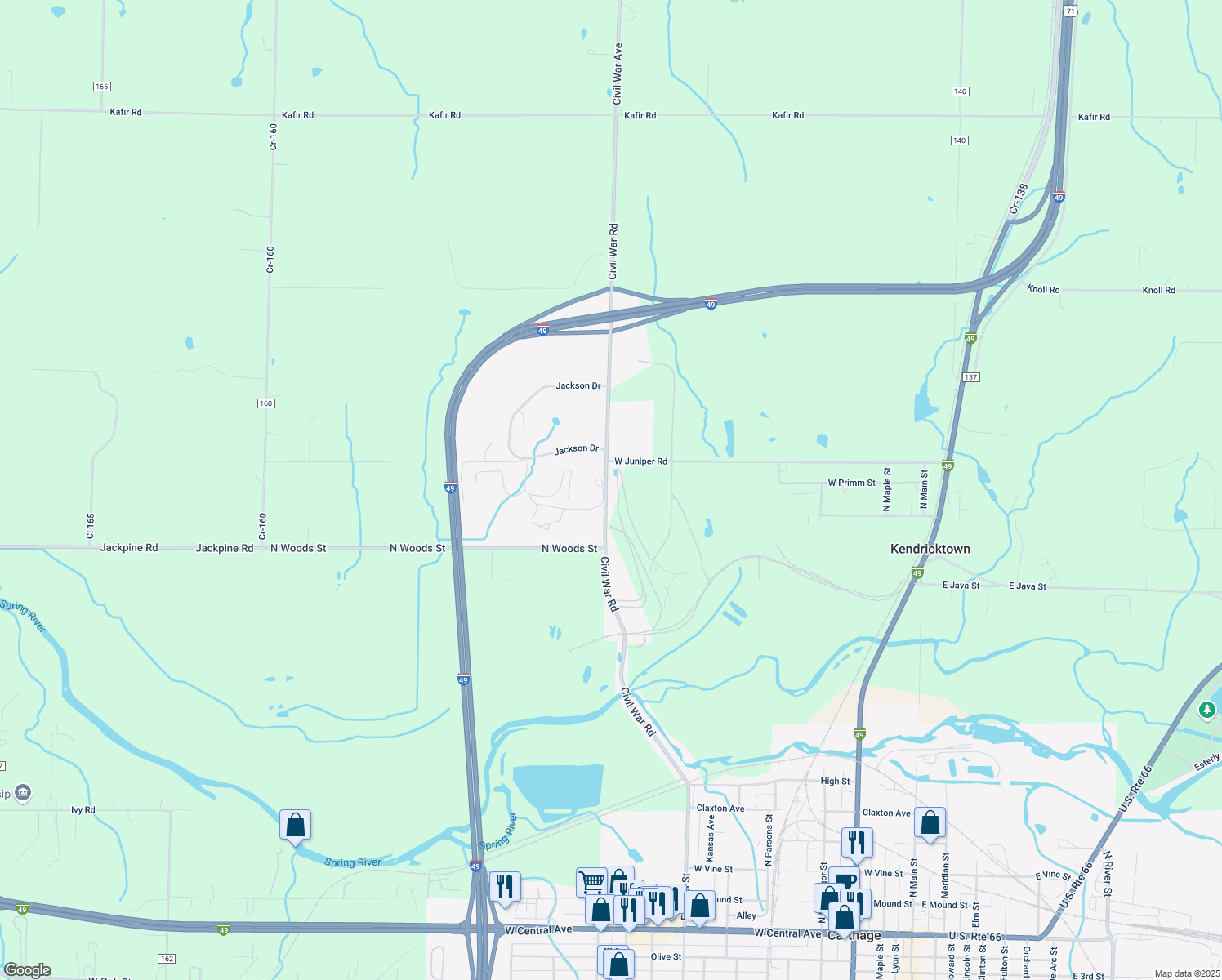map of restaurants, bars, coffee shops, grocery stores, and more near 1331 Civil War Road in Carthage