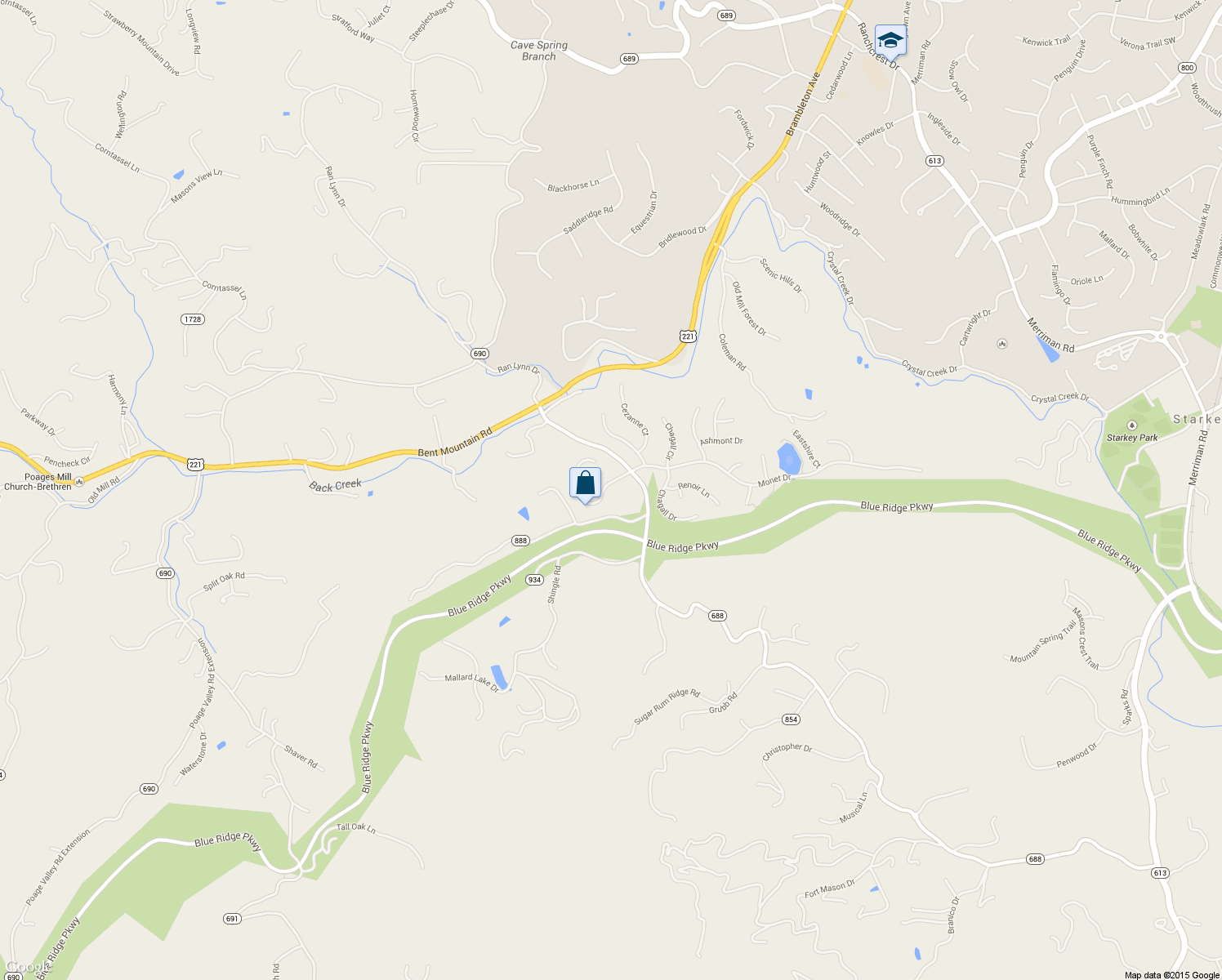 map of restaurants, bars, coffee shops, grocery stores, and more near 5881 Monet Drive in Roanoke