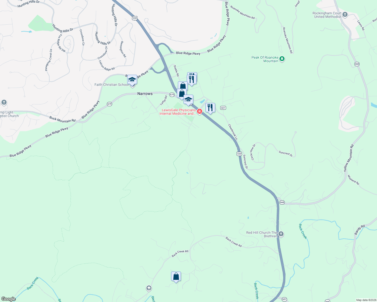 map of restaurants, bars, coffee shops, grocery stores, and more near 5484 Indian Grave Rd SW in Roanoke