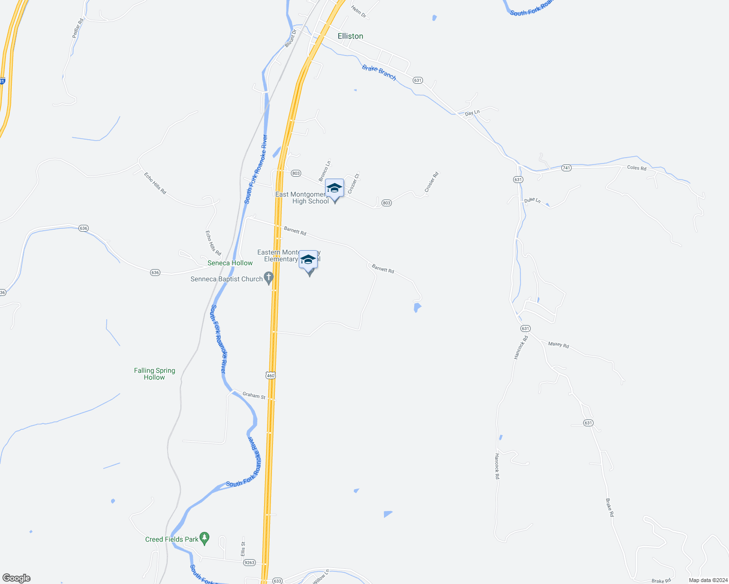 map of restaurants, bars, coffee shops, grocery stores, and more near 4660 Barnett Road in Elliston