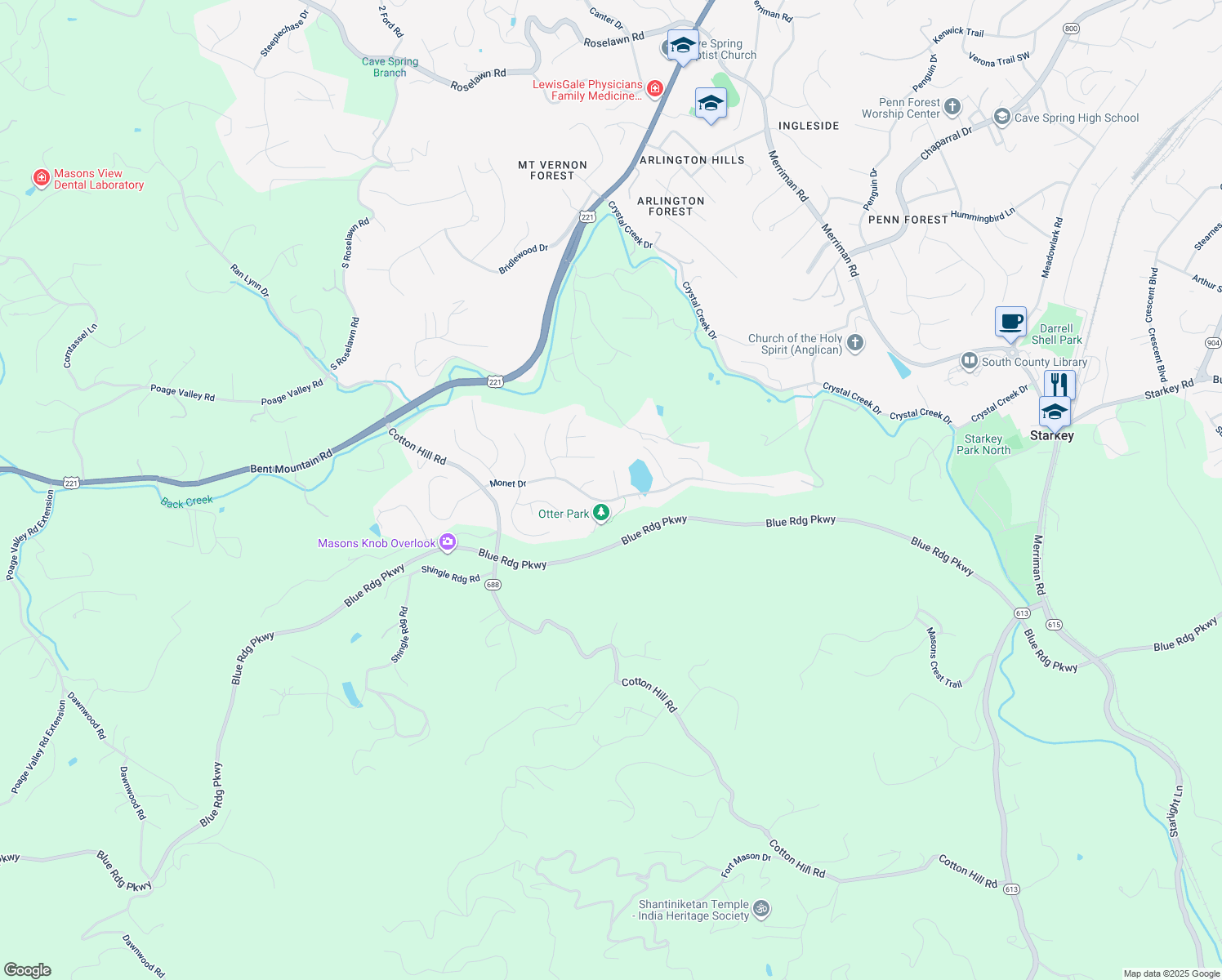 map of restaurants, bars, coffee shops, grocery stores, and more near 6408 Westshire Court in Roanoke