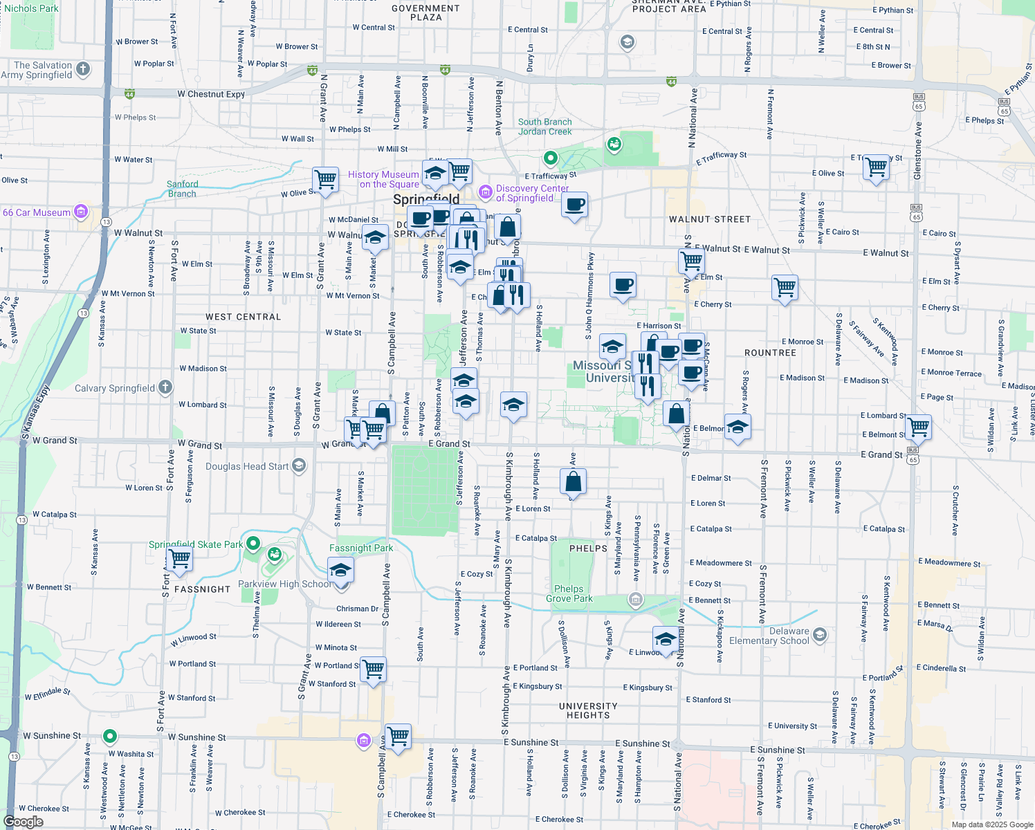 map of restaurants, bars, coffee shops, grocery stores, and more near 904 South Kimbrough Avenue in Springfield