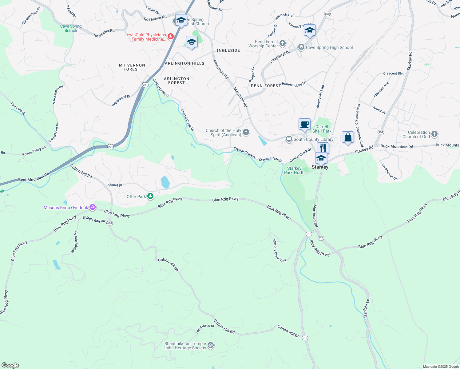 map of restaurants, bars, coffee shops, grocery stores, and more near 5641 Lowland Lane in Roanoke