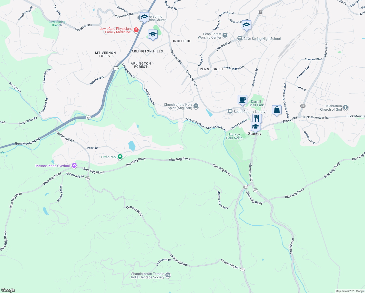 map of restaurants, bars, coffee shops, grocery stores, and more near 5641 Lowland Lane in Roanoke