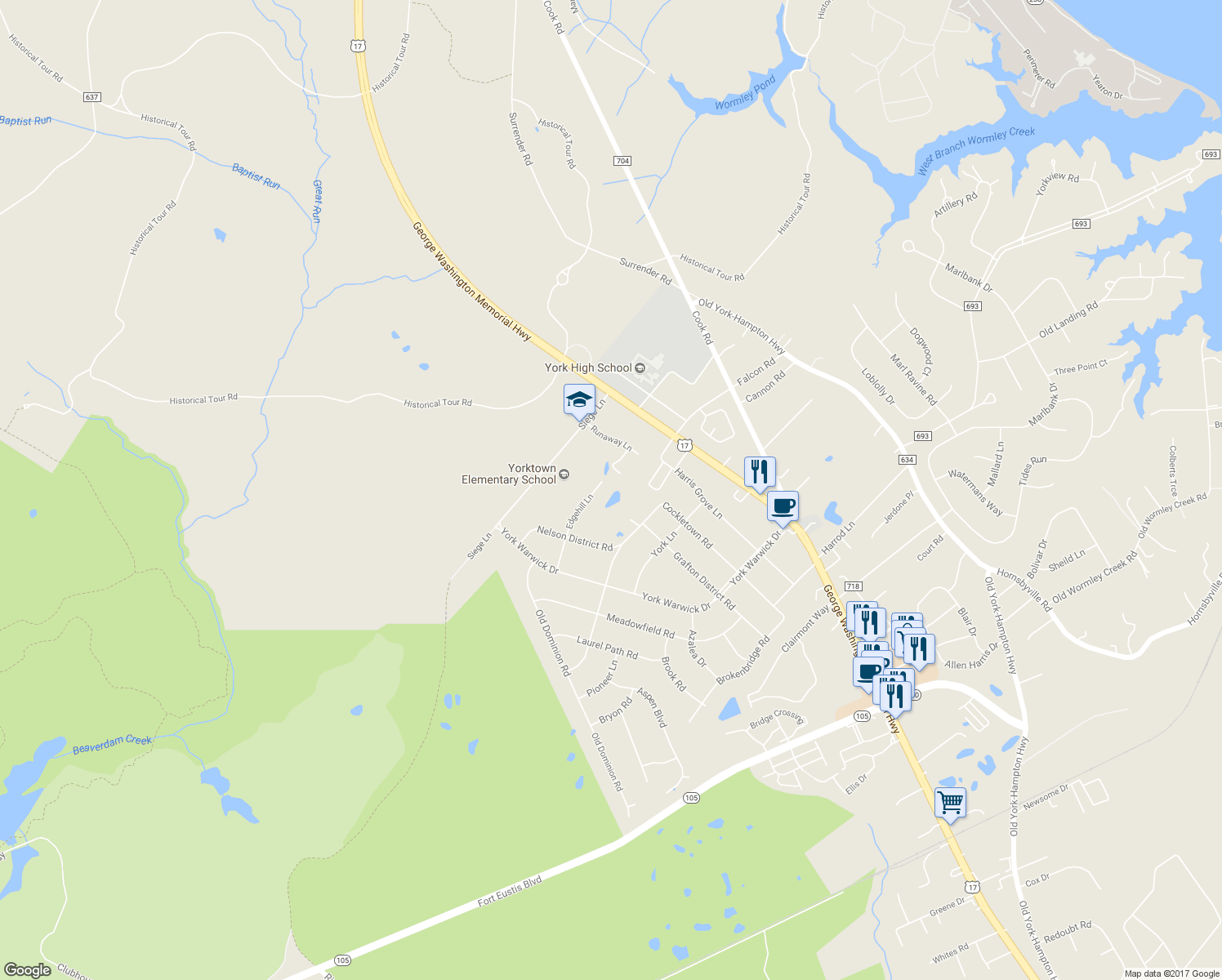 map of restaurants, bars, coffee shops, grocery stores, and more near 210 Edgehill Lane in Yorktown