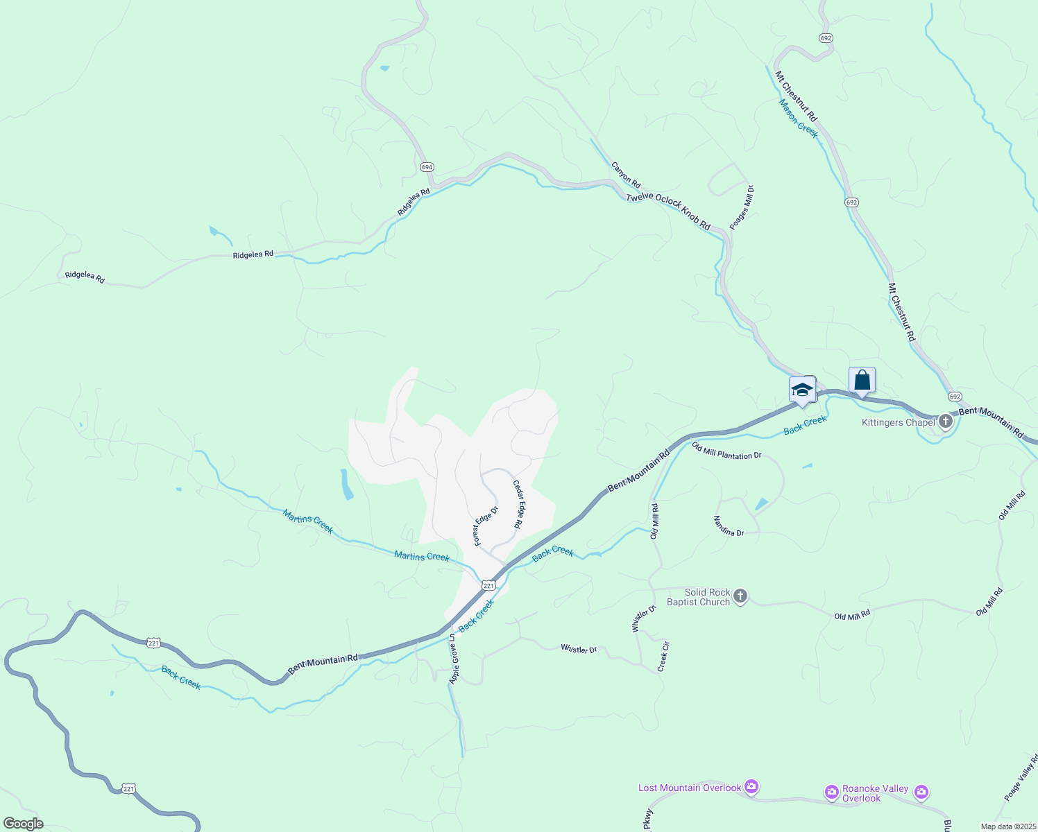 map of restaurants, bars, coffee shops, grocery stores, and more near 8109 Winterwood Trail in Roanoke