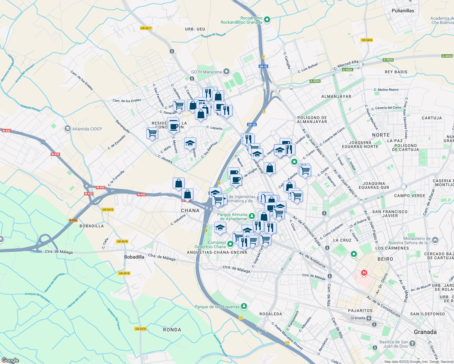 map of restaurants, bars, coffee shops, grocery stores, and more near 14 Calle Periodista Luis Seco de Lucena in Granada