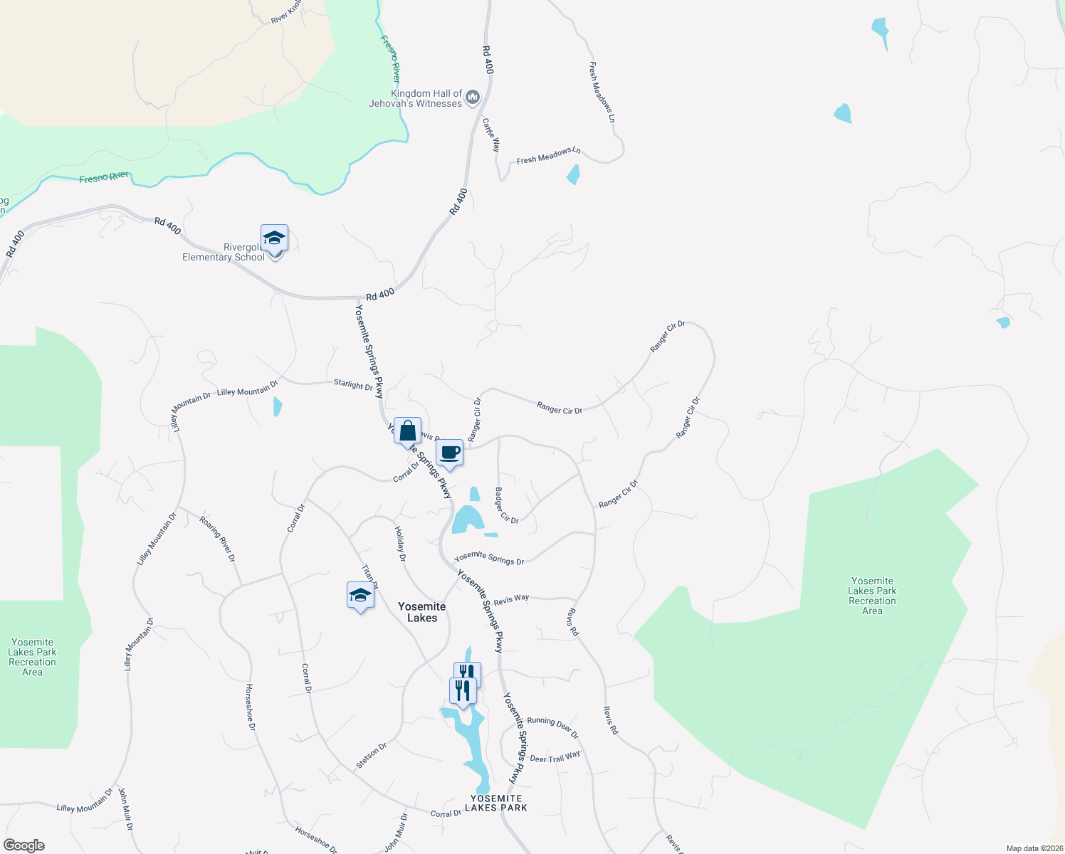 map of restaurants, bars, coffee shops, grocery stores, and more near 31023 Revis Rd in Yosemite Lakes