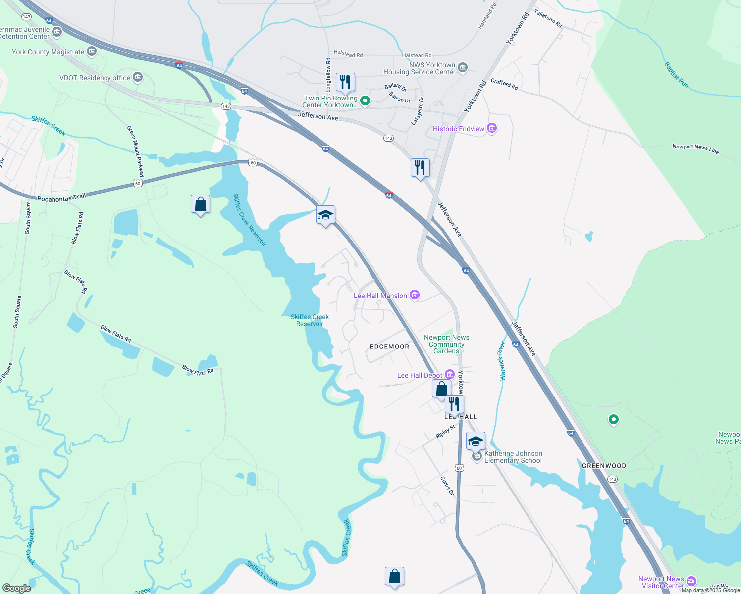 map of restaurants, bars, coffee shops, grocery stores, and more near 210 White Stone Court in Newport News