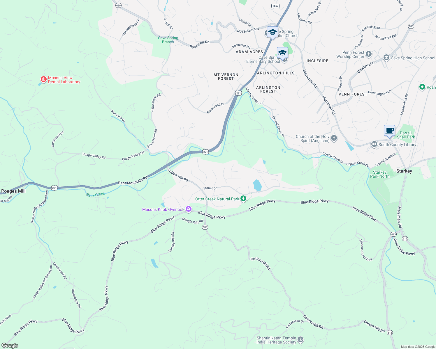 map of restaurants, bars, coffee shops, grocery stores, and more near 5834 Chagall Circle in Roanoke