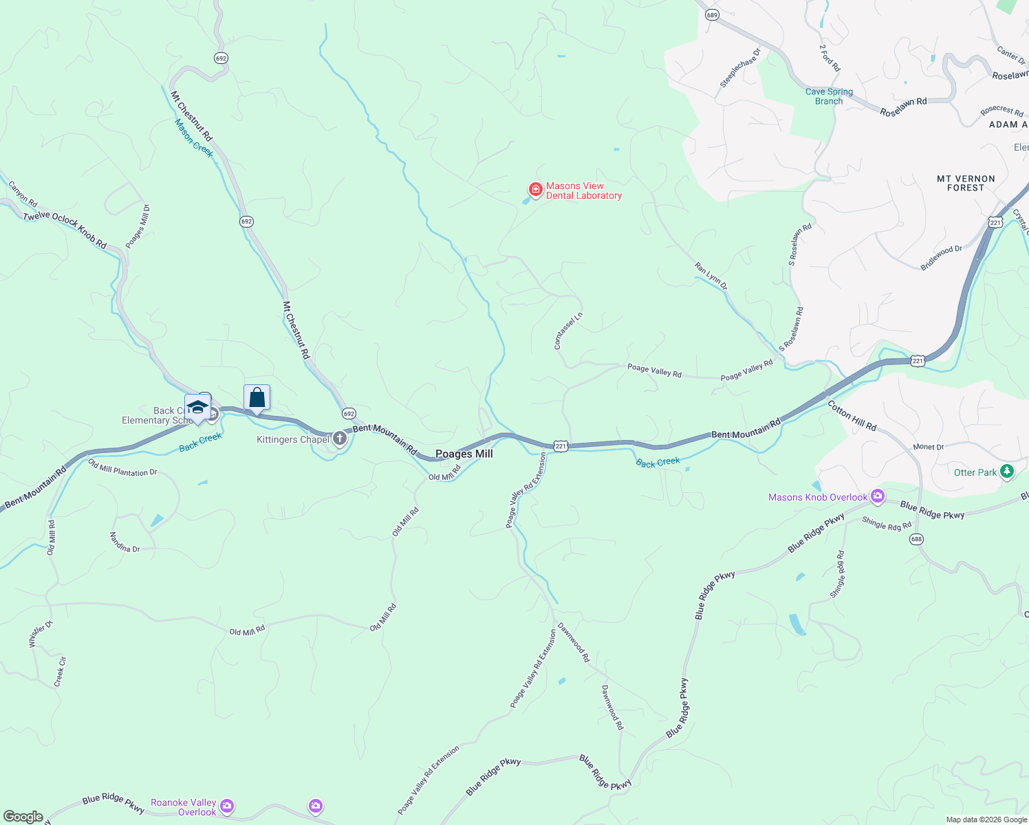 map of restaurants, bars, coffee shops, grocery stores, and more near 6427 Bent Mountain Road in Roanoke