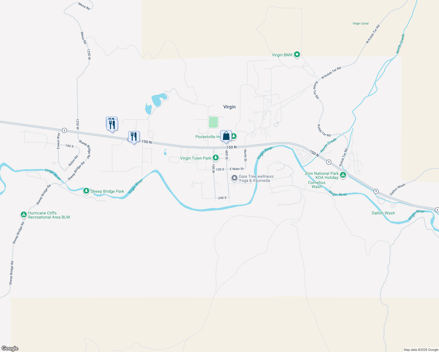 map of restaurants, bars, coffee shops, grocery stores, and more near 83 W 100 S in Virgin