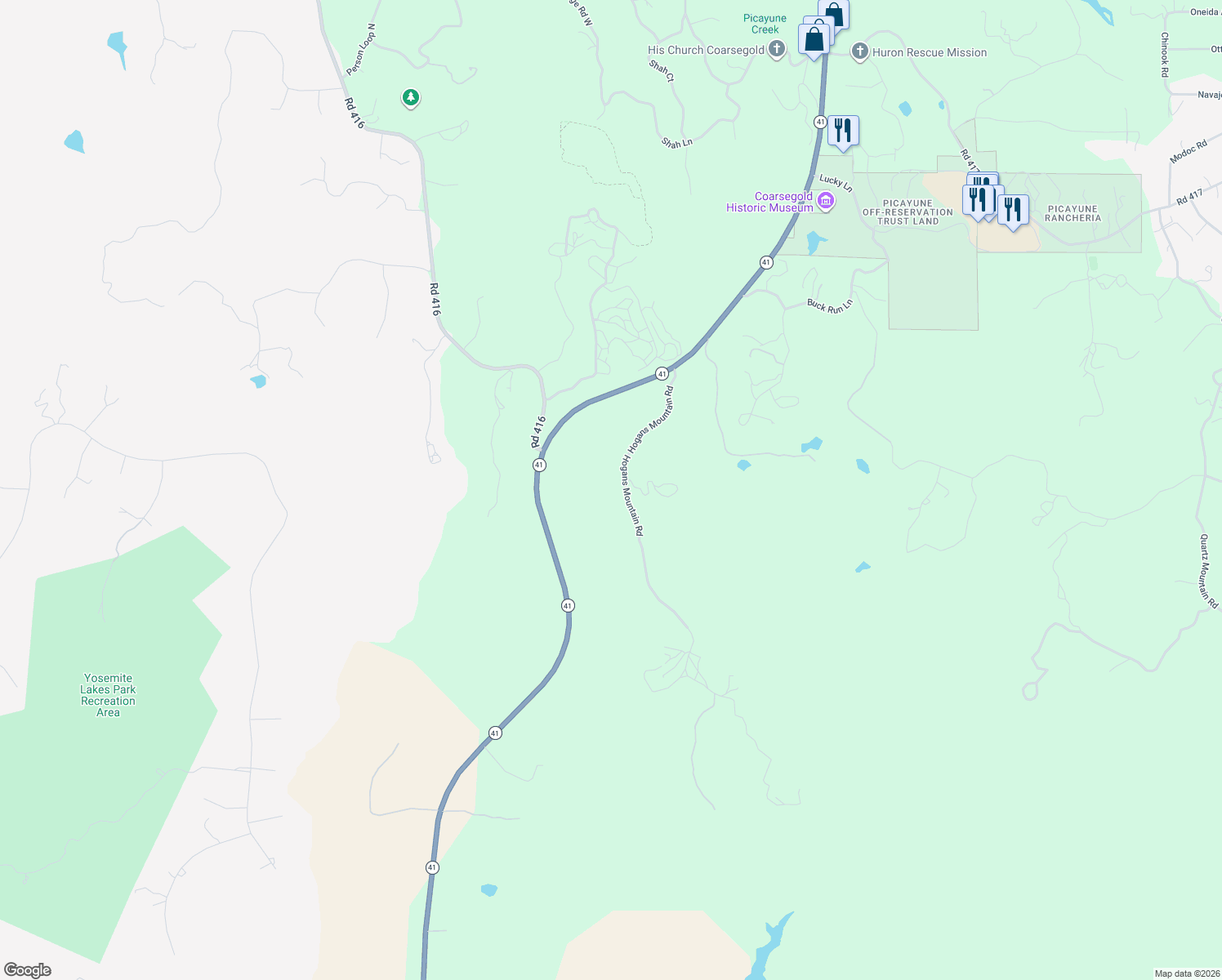 map of restaurants, bars, coffee shops, grocery stores, and more near 31076 Hogans Mountain Road in Coarsegold