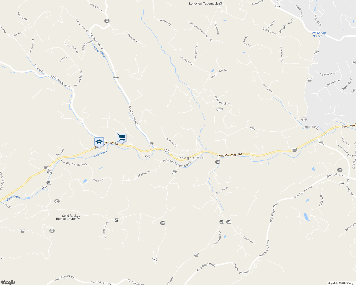 map of restaurants, bars, coffee shops, grocery stores, and more near 6710 Timberline Circle in Roanoke