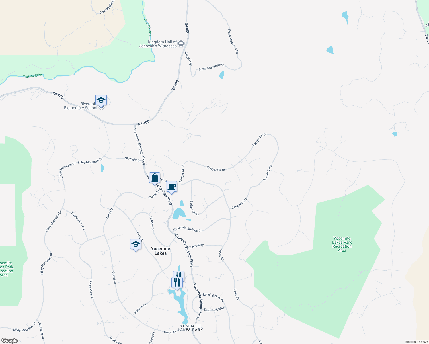 map of restaurants, bars, coffee shops, grocery stores, and more near 42906 Ranger Circle Drive in Coarsegold