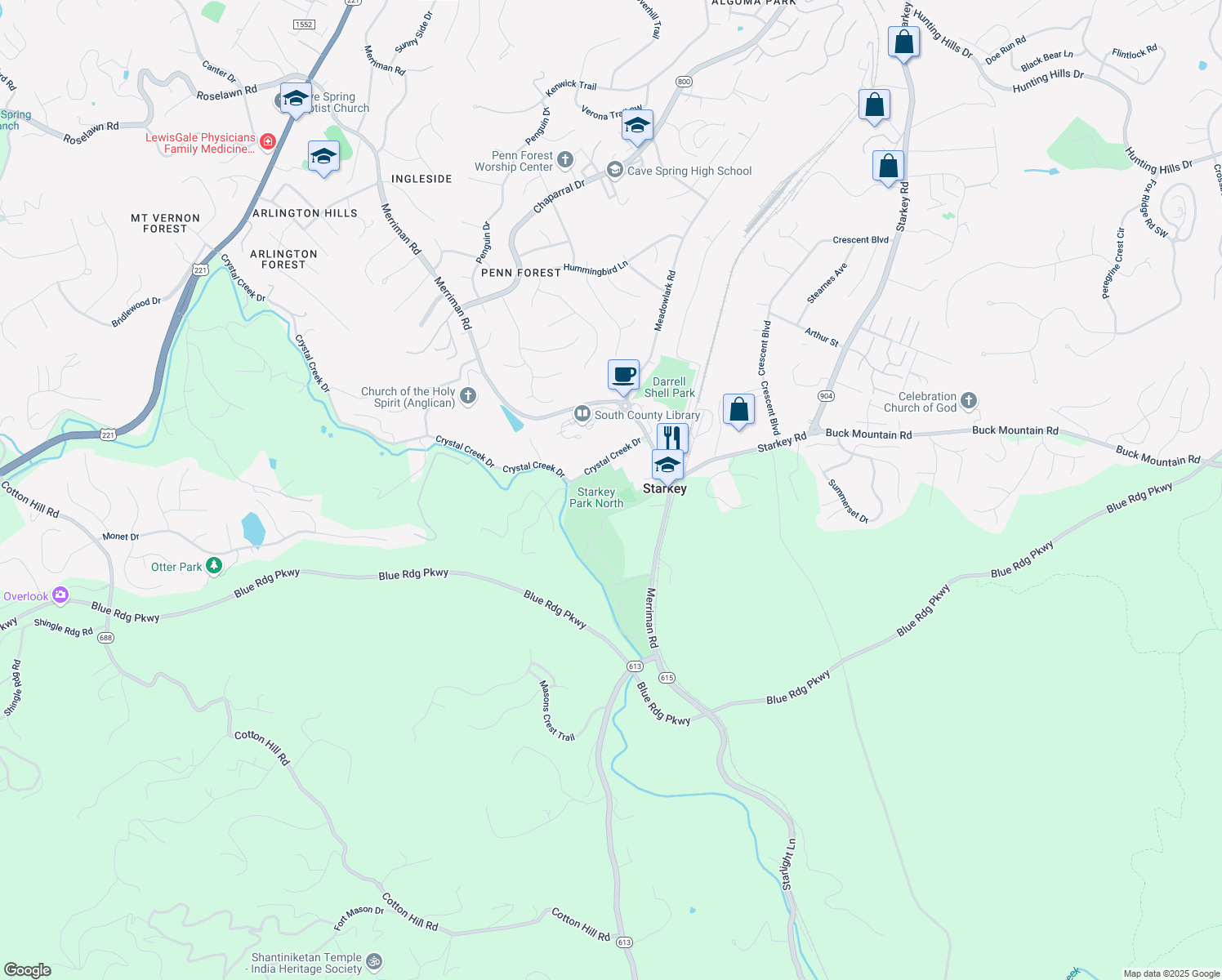 map of restaurants, bars, coffee shops, grocery stores, and more near 5737 Crystal Creek Drive in Roanoke