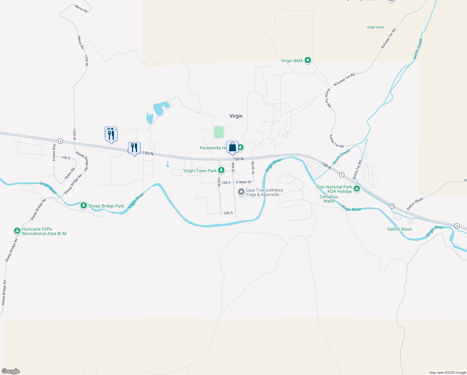 map of restaurants, bars, coffee shops, grocery stores, and more near Mill Street in Virgin