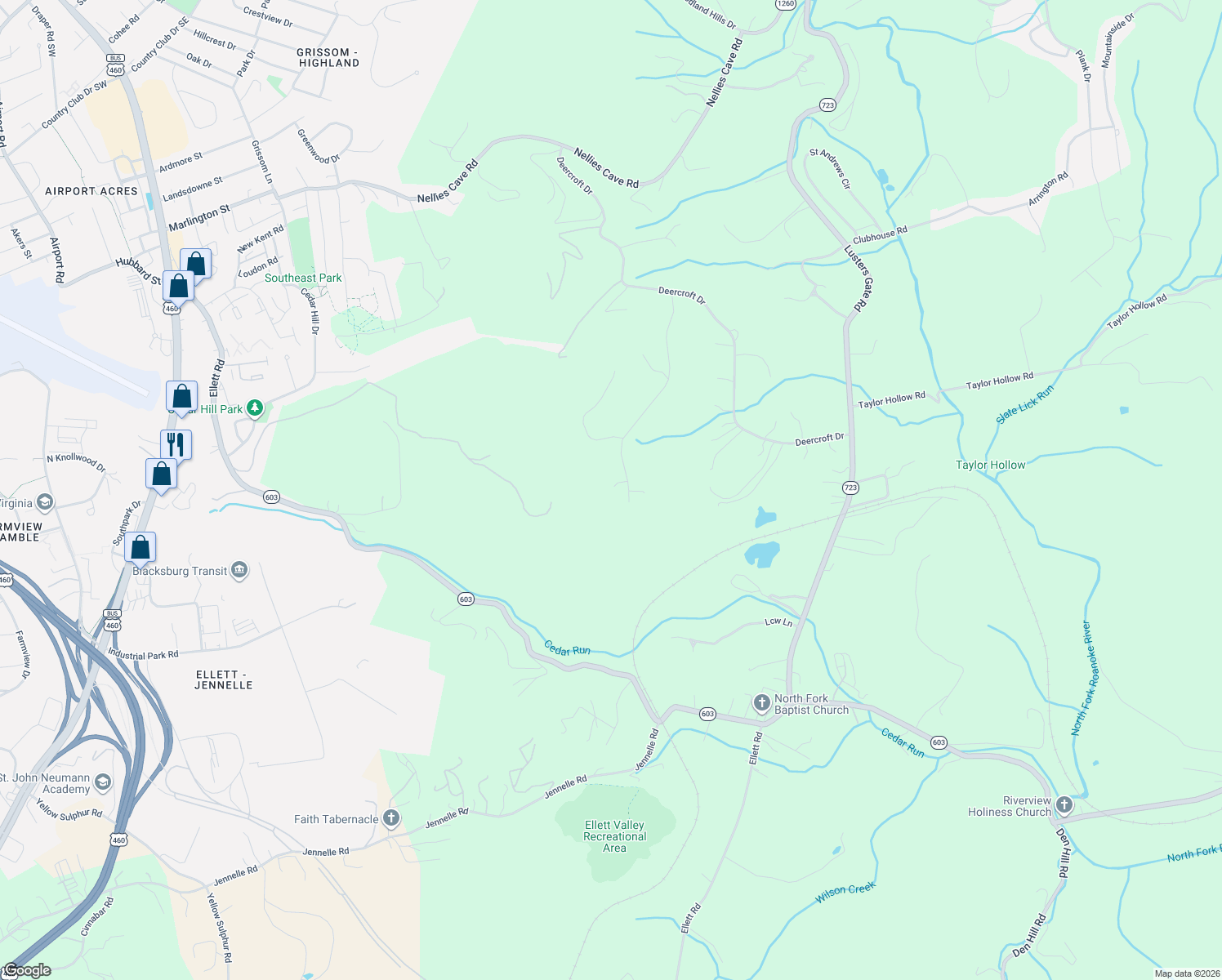 map of restaurants, bars, coffee shops, grocery stores, and more near 1215 Falcon Ridge Road in Blacksburg
