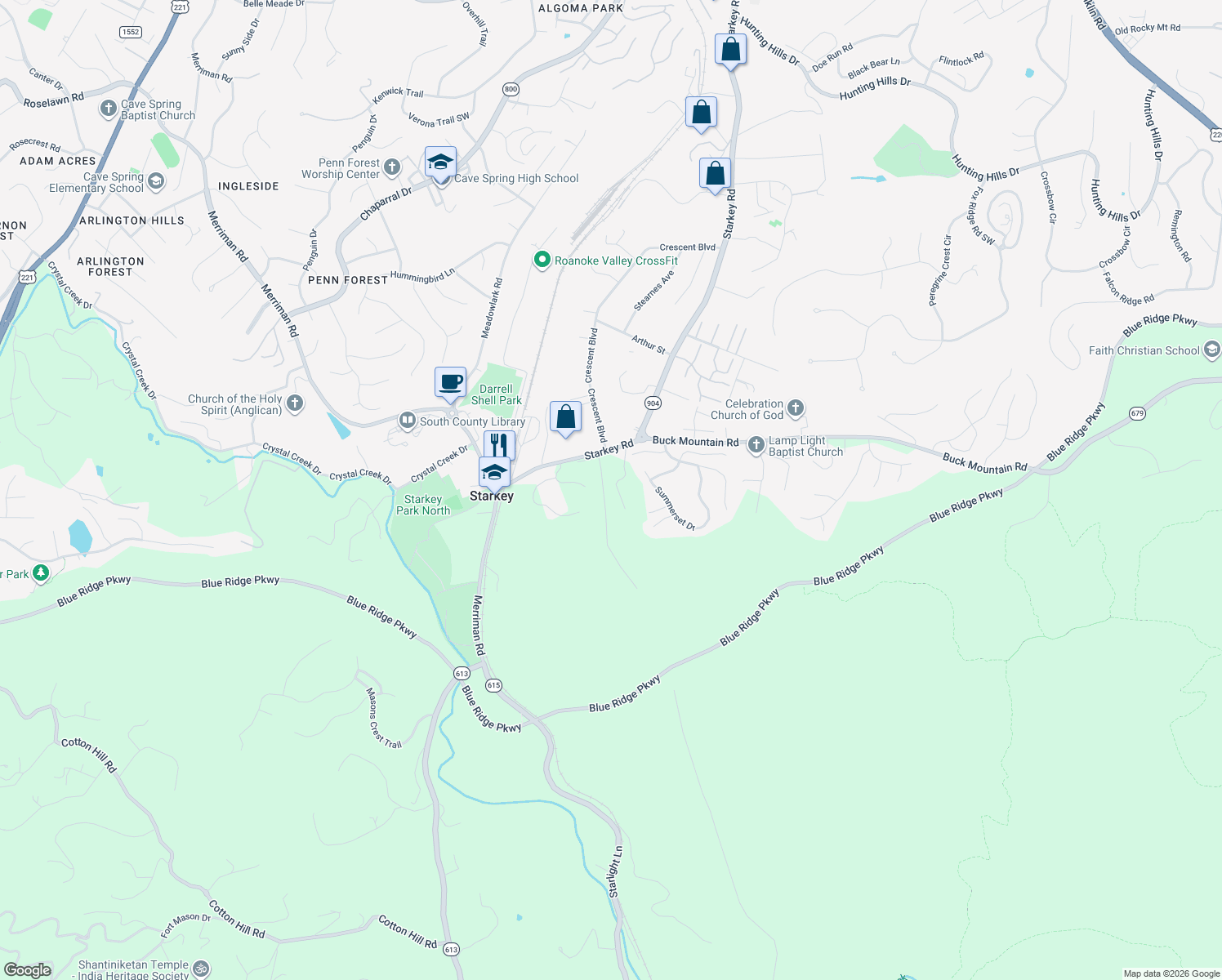 map of restaurants, bars, coffee shops, grocery stores, and more near 5729 Graceland Dr in Roanoke