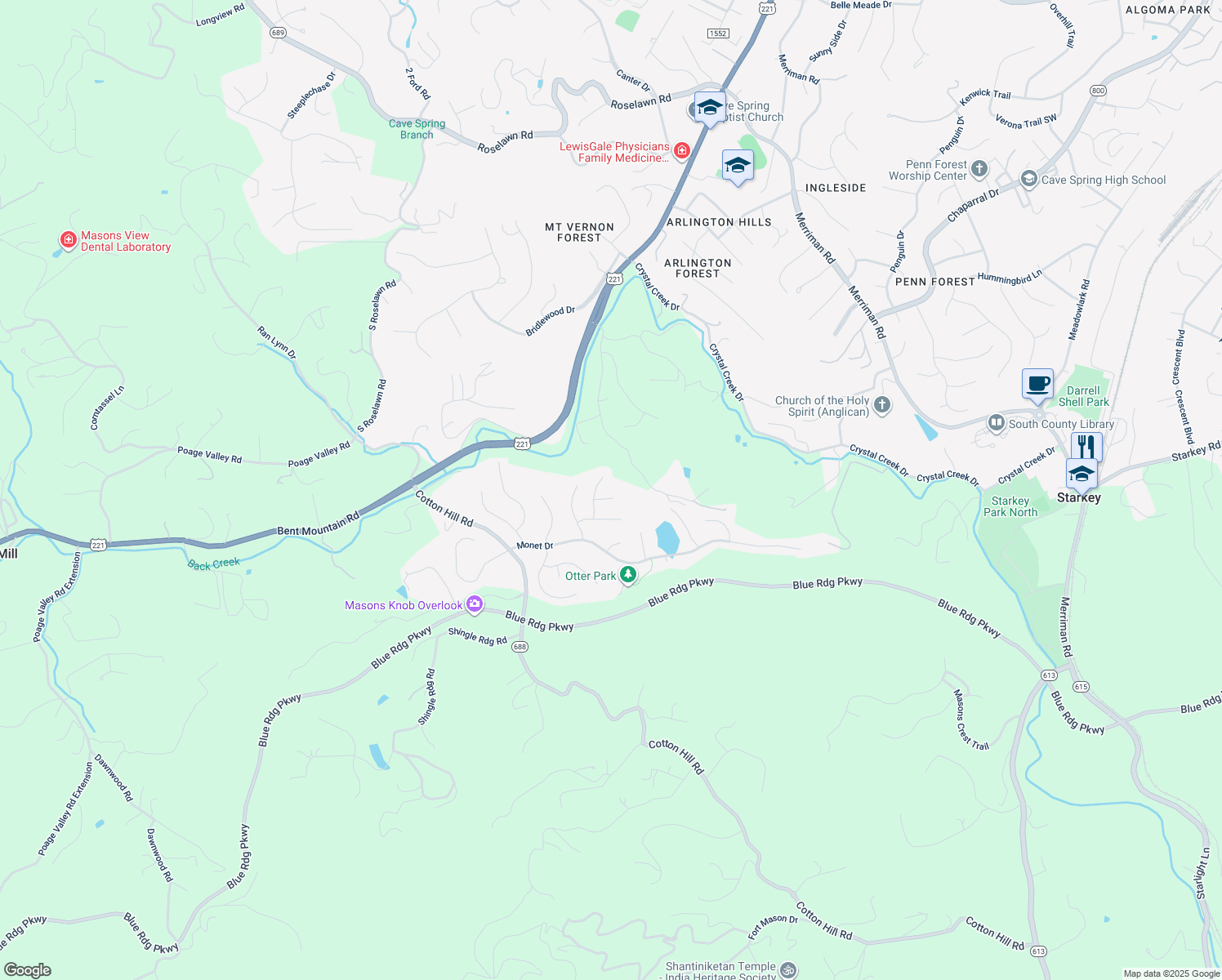 map of restaurants, bars, coffee shops, grocery stores, and more near 6218 Broughton Drive in Roanoke