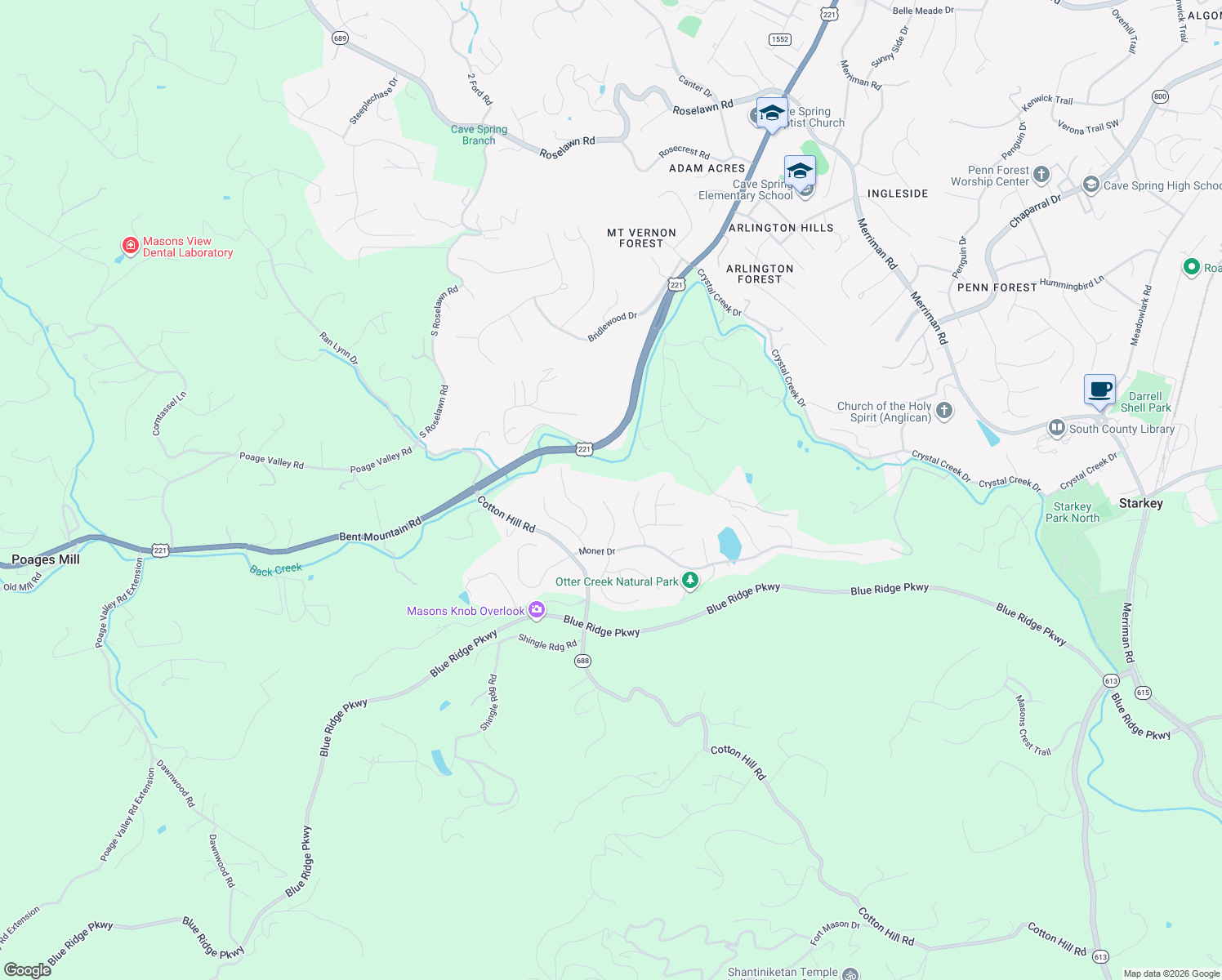 map of restaurants, bars, coffee shops, grocery stores, and more near 5806 Chagall Cir in Roanoke