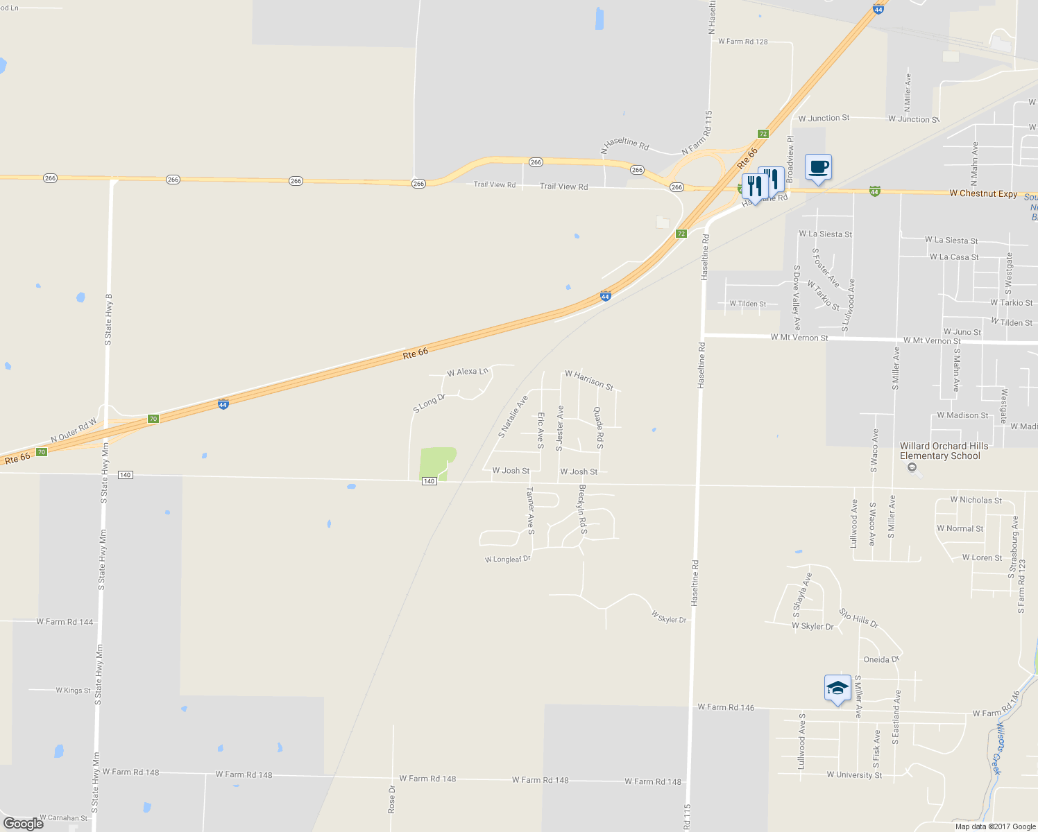 map of restaurants, bars, coffee shops, grocery stores, and more near 844 South Natalie Avenue in Springfield