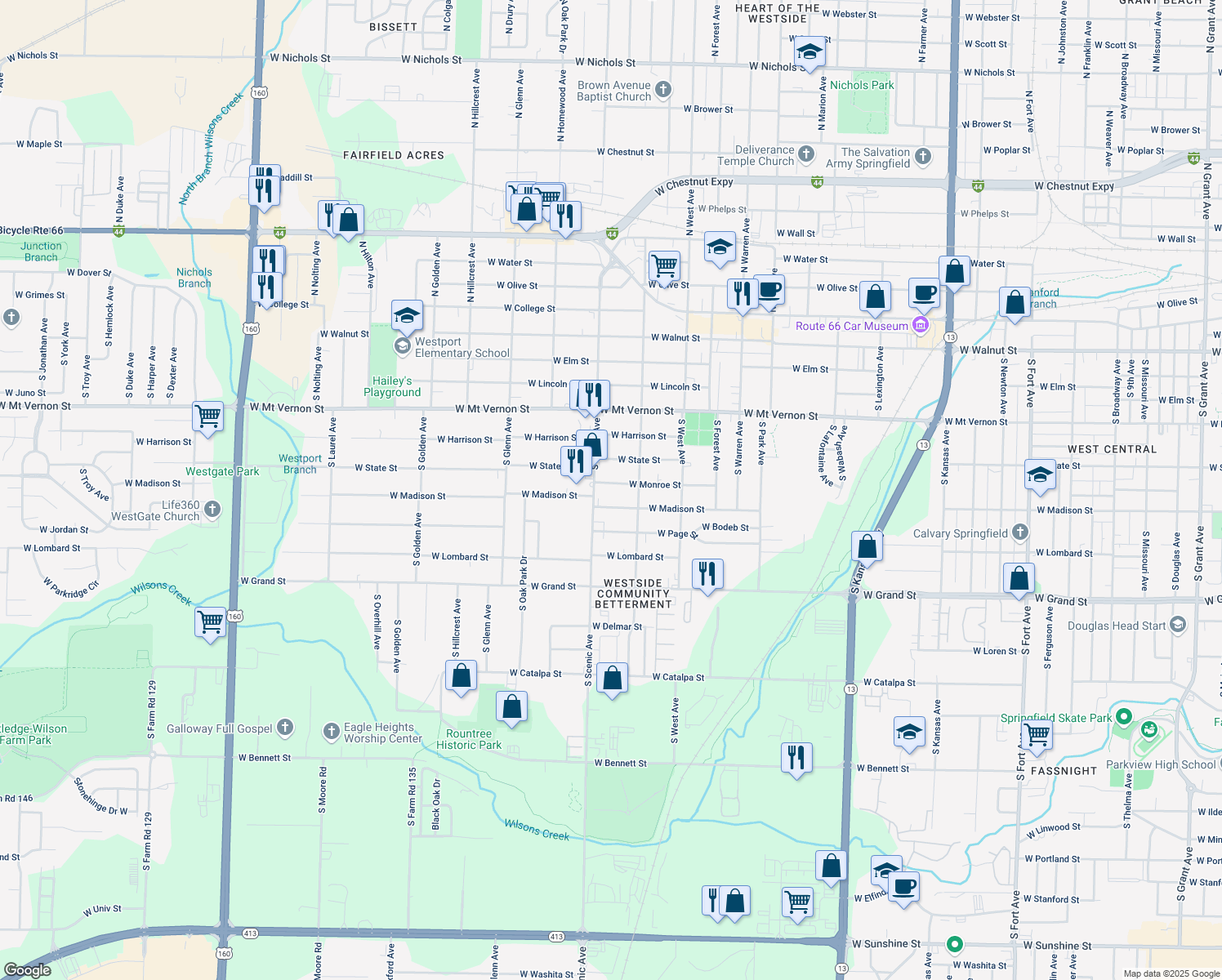 map of restaurants, bars, coffee shops, grocery stores, and more near 2638 West Monroe Street in Springfield
