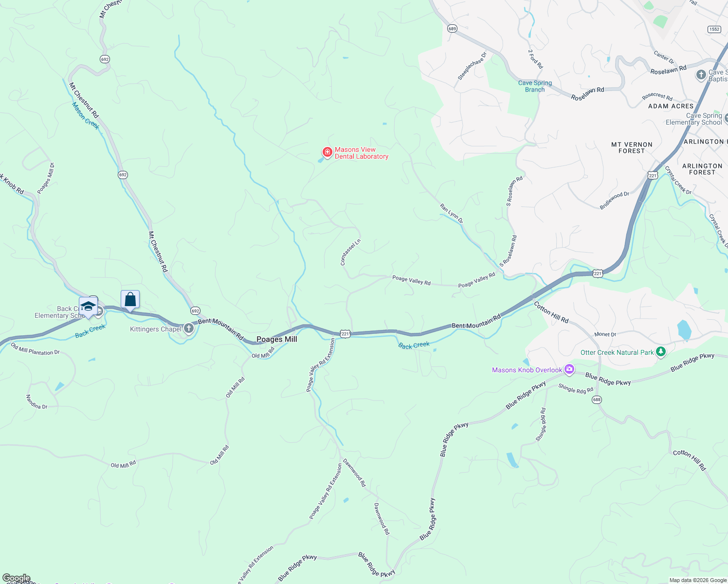 map of restaurants, bars, coffee shops, grocery stores, and more near 6180 Poage Valley Road in Roanoke