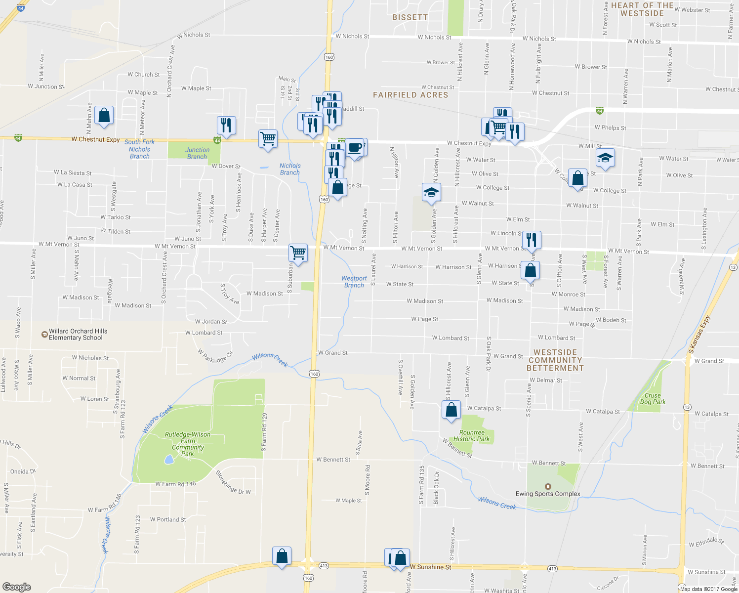 map of restaurants, bars, coffee shops, grocery stores, and more near 733 South Laurel Avenue in Springfield