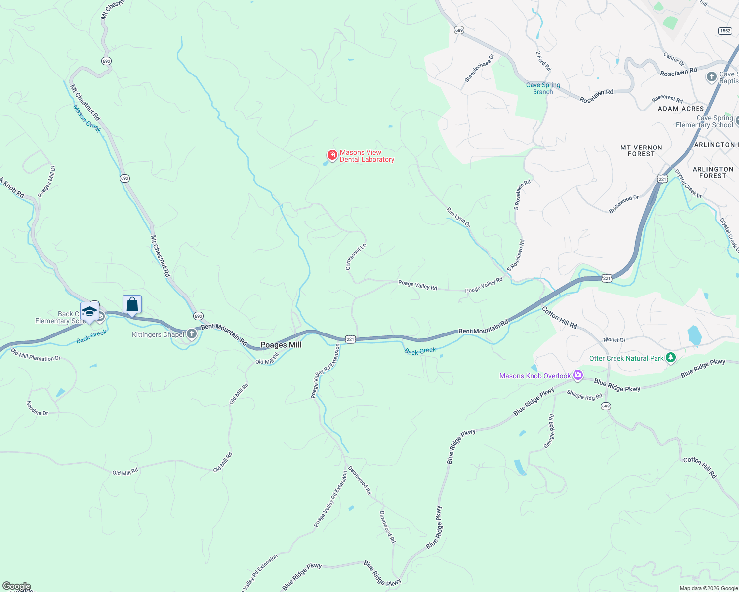 map of restaurants, bars, coffee shops, grocery stores, and more near 6180 Poage Valley Road in Roanoke