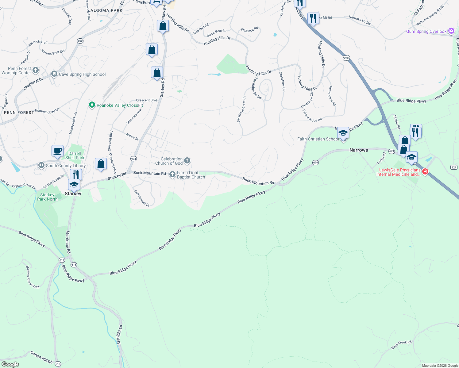 map of restaurants, bars, coffee shops, grocery stores, and more near 4405 Kings Chase Drive in Roanoke