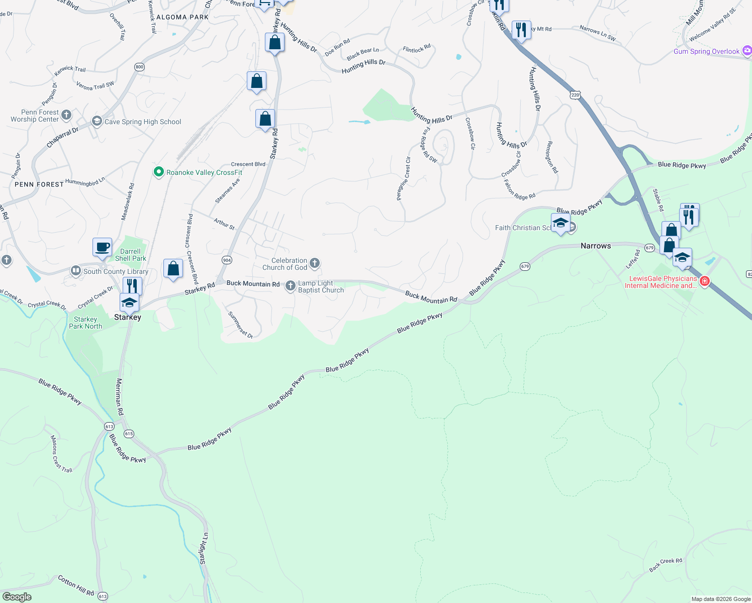 map of restaurants, bars, coffee shops, grocery stores, and more near 4405 Kings Chase Drive in Roanoke