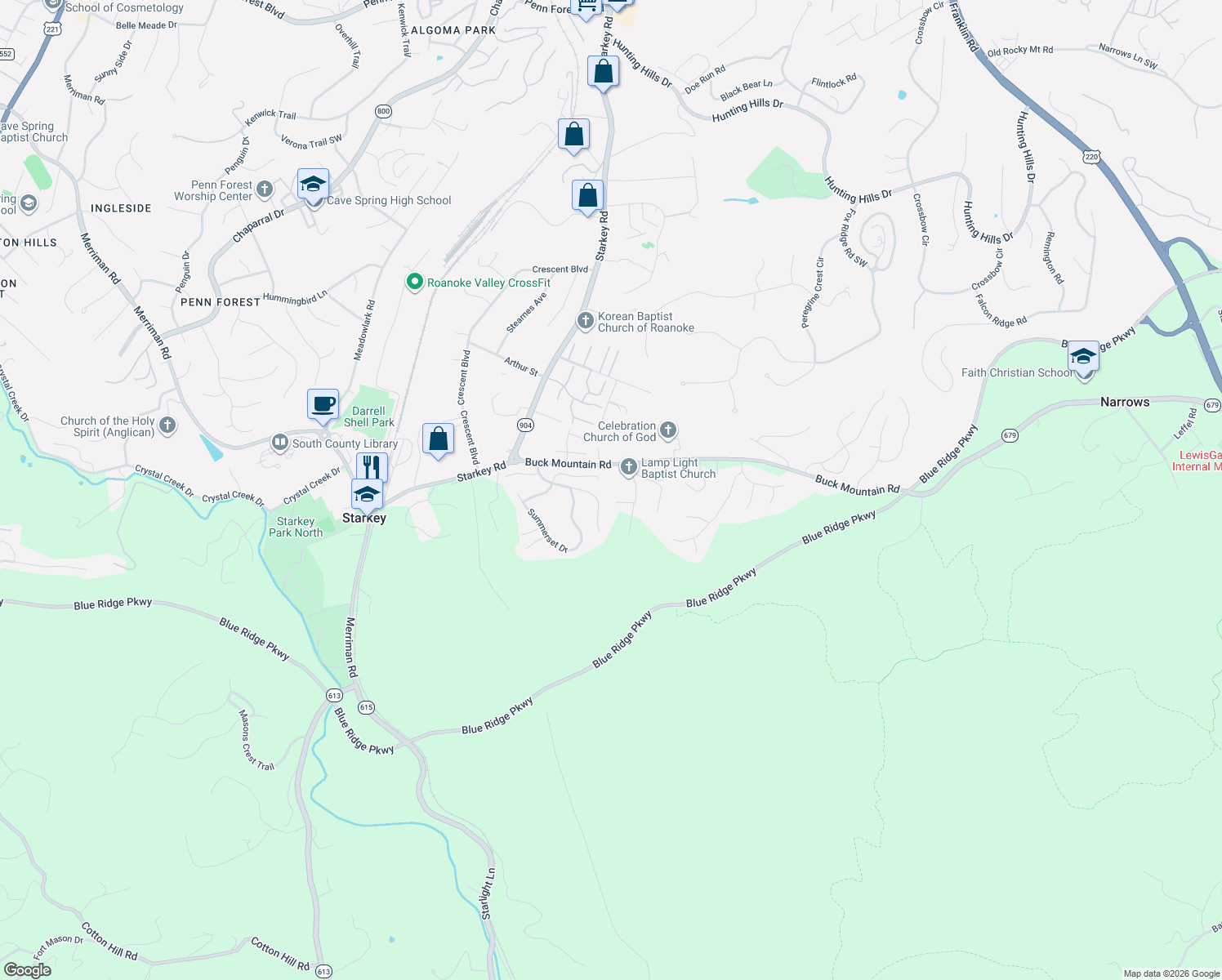 map of restaurants, bars, coffee shops, grocery stores, and more near 4518 Buck Mountain Rd in Roanoke