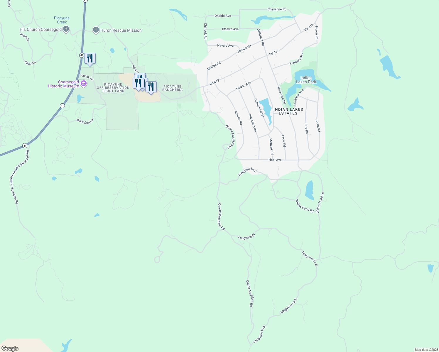 map of restaurants, bars, coffee shops, grocery stores, and more near 31145 Quartz Mountain Road in Coarsegold
