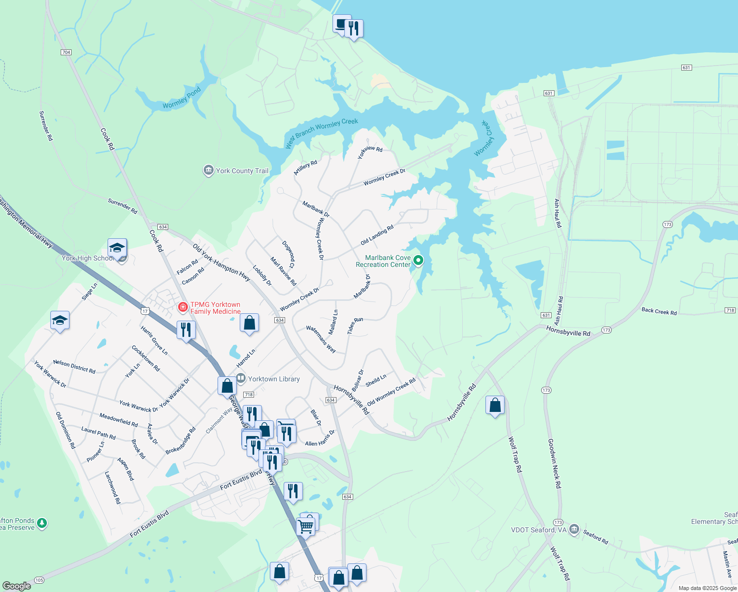map of restaurants, bars, coffee shops, grocery stores, and more near 103 McClellan Court in Yorktown