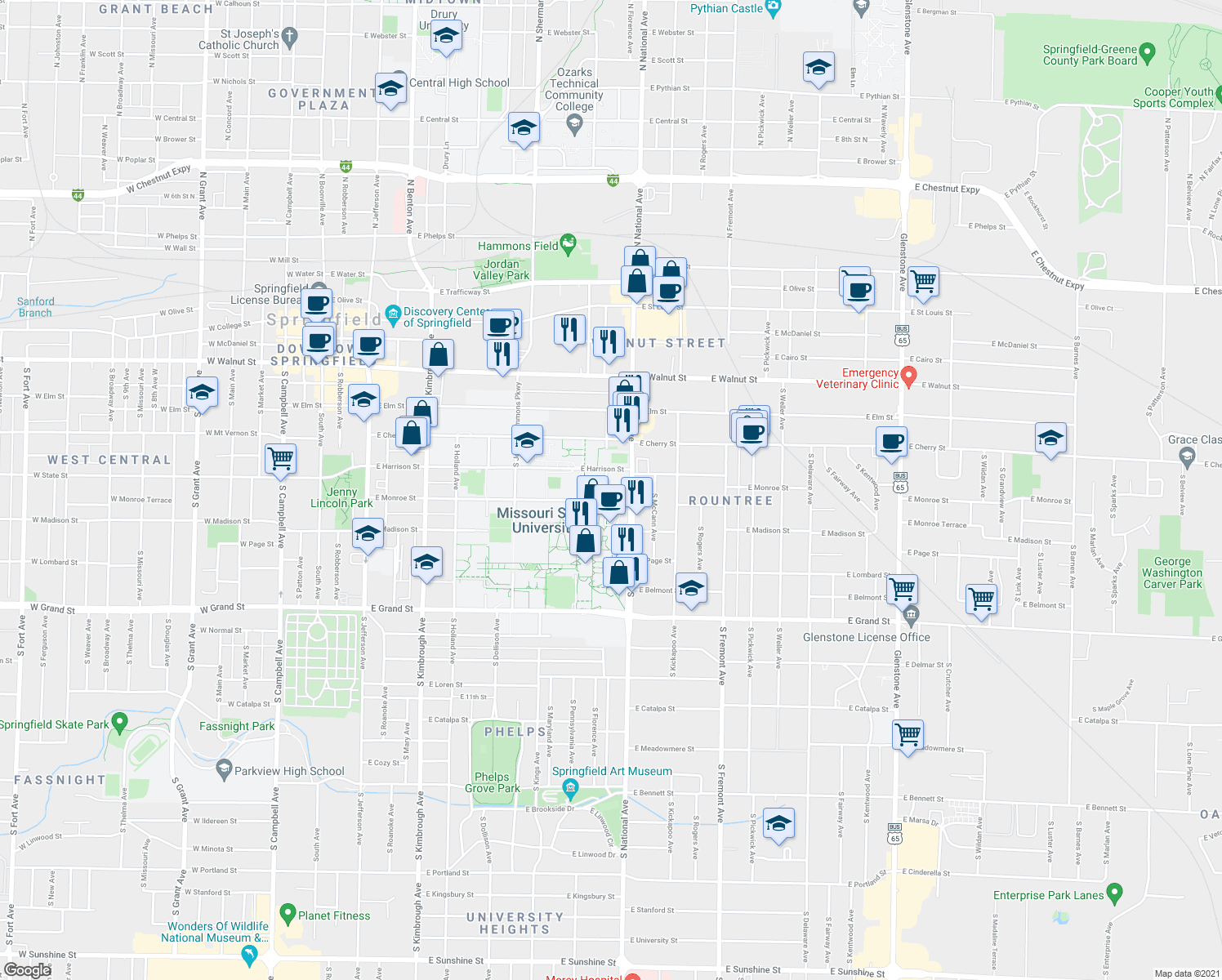 map of restaurants, bars, coffee shops, grocery stores, and more near 1141 East Monroe Street in Springfield