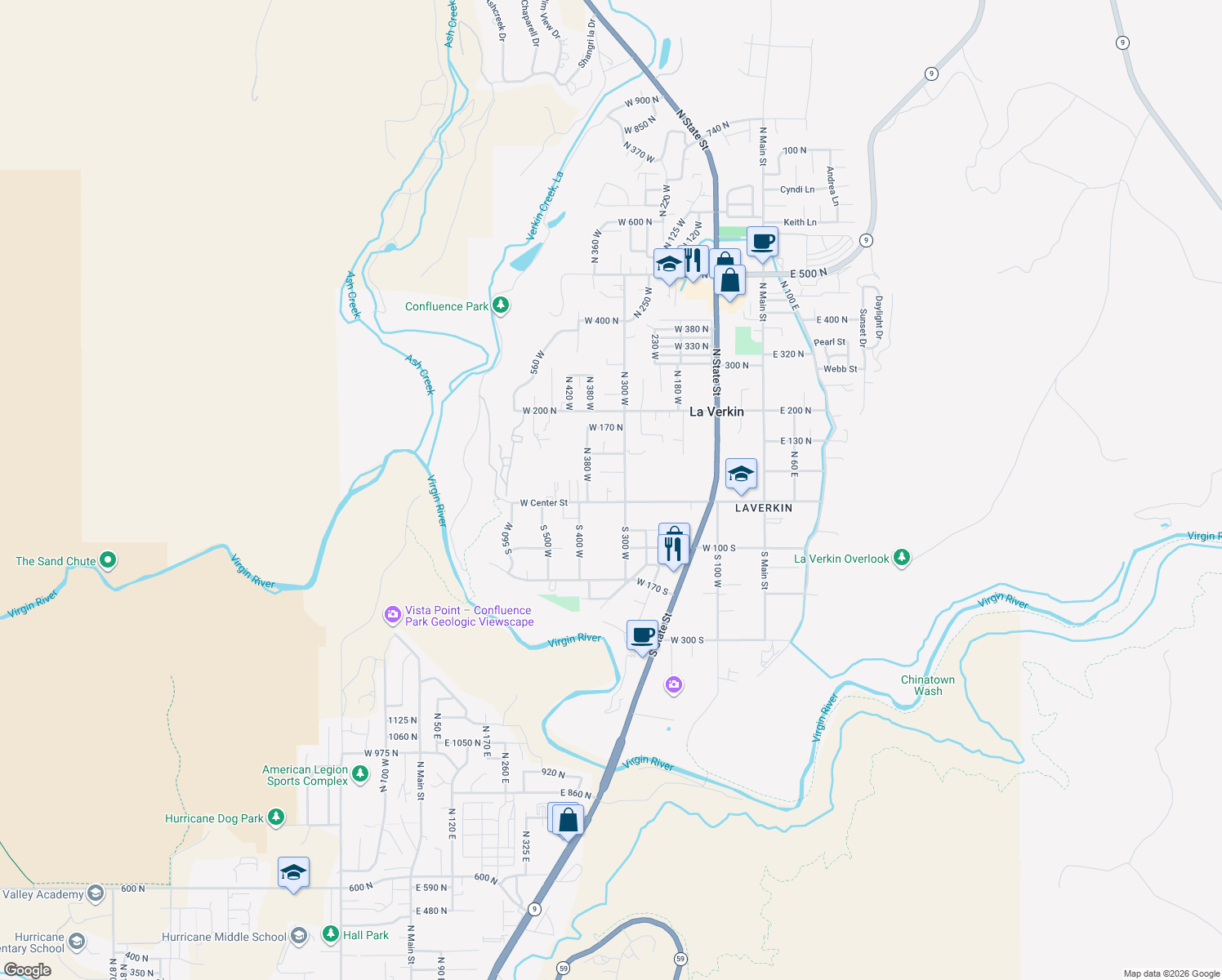 map of restaurants, bars, coffee shops, grocery stores, and more near 326 West 30 North in La Verkin