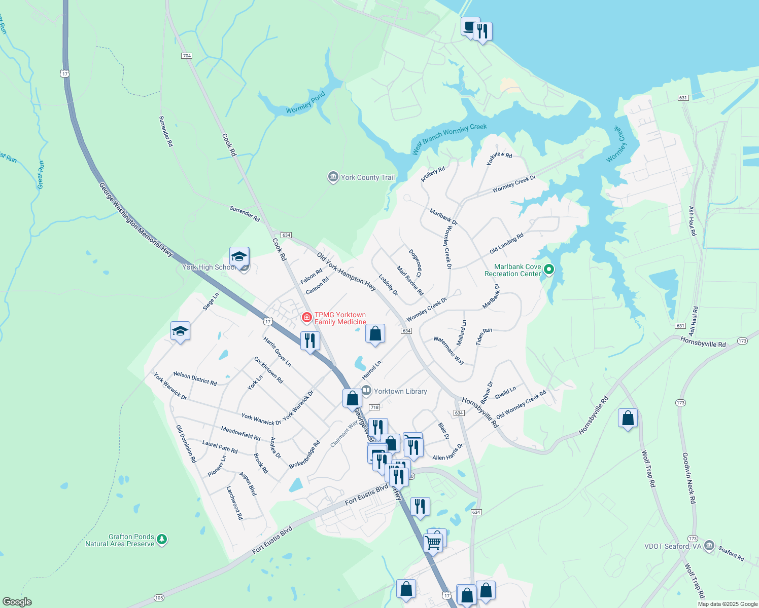 map of restaurants, bars, coffee shops, grocery stores, and more near 1901 Old York-Hampton Highway in Yorktown