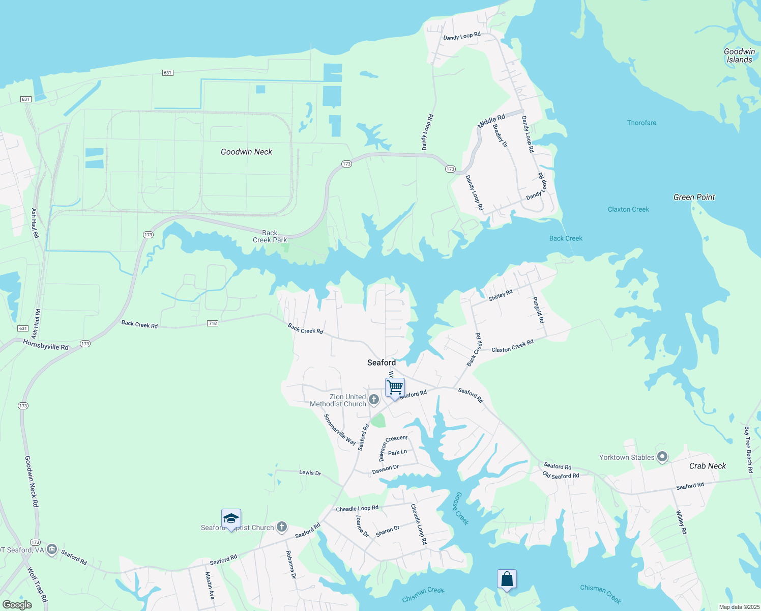 map of restaurants, bars, coffee shops, grocery stores, and more near 113 Harbor Crescent in Seaford