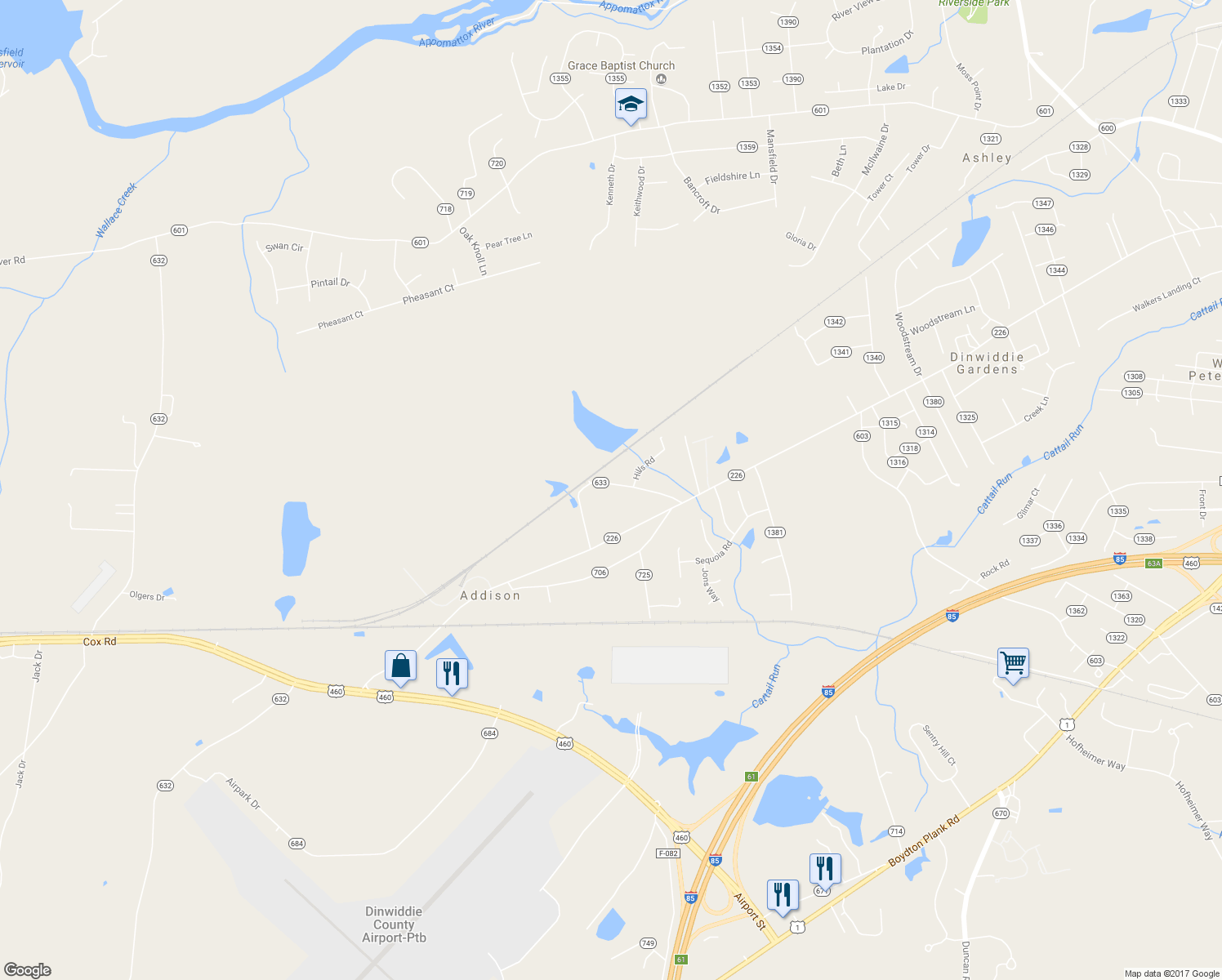 map of restaurants, bars, coffee shops, grocery stores, and more near 23653 Addison Street in Petersburg